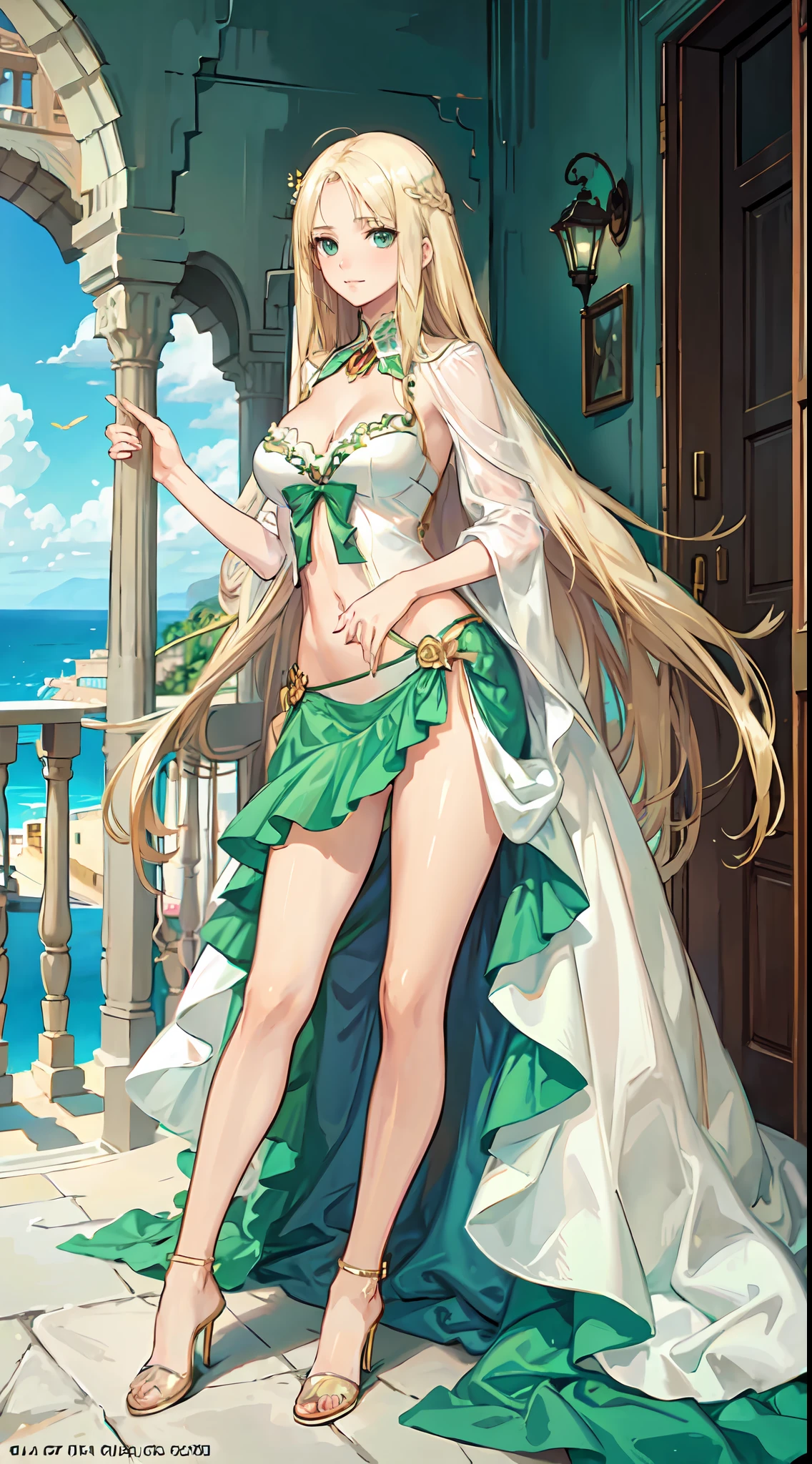 blonde hair, long hair, green eyes, with slender legs and an enticing beach pose, wearing a elegant red gown that shows off her navel, resembling an Arabian belly dancer. She has a short trimmed skirt and her flowing blonde hair is styled in a side ponytail. Her captivating blue eyes exude happiness, while her outfit highlights her alluring , happy