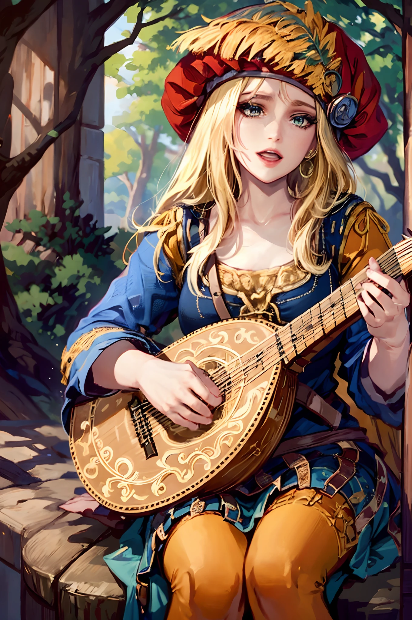 the essence of a beautiful female bard with meticulous attention to detail, this scene portrays a solo enchantress with cascading long hair, an open mouth singing tales of old. Her blonde hair shimmers beneath a charming red hat as she sits gracefully upon a rustic tree stump, fingers gracefully strumming a lute, weaving melodies that stir the soul