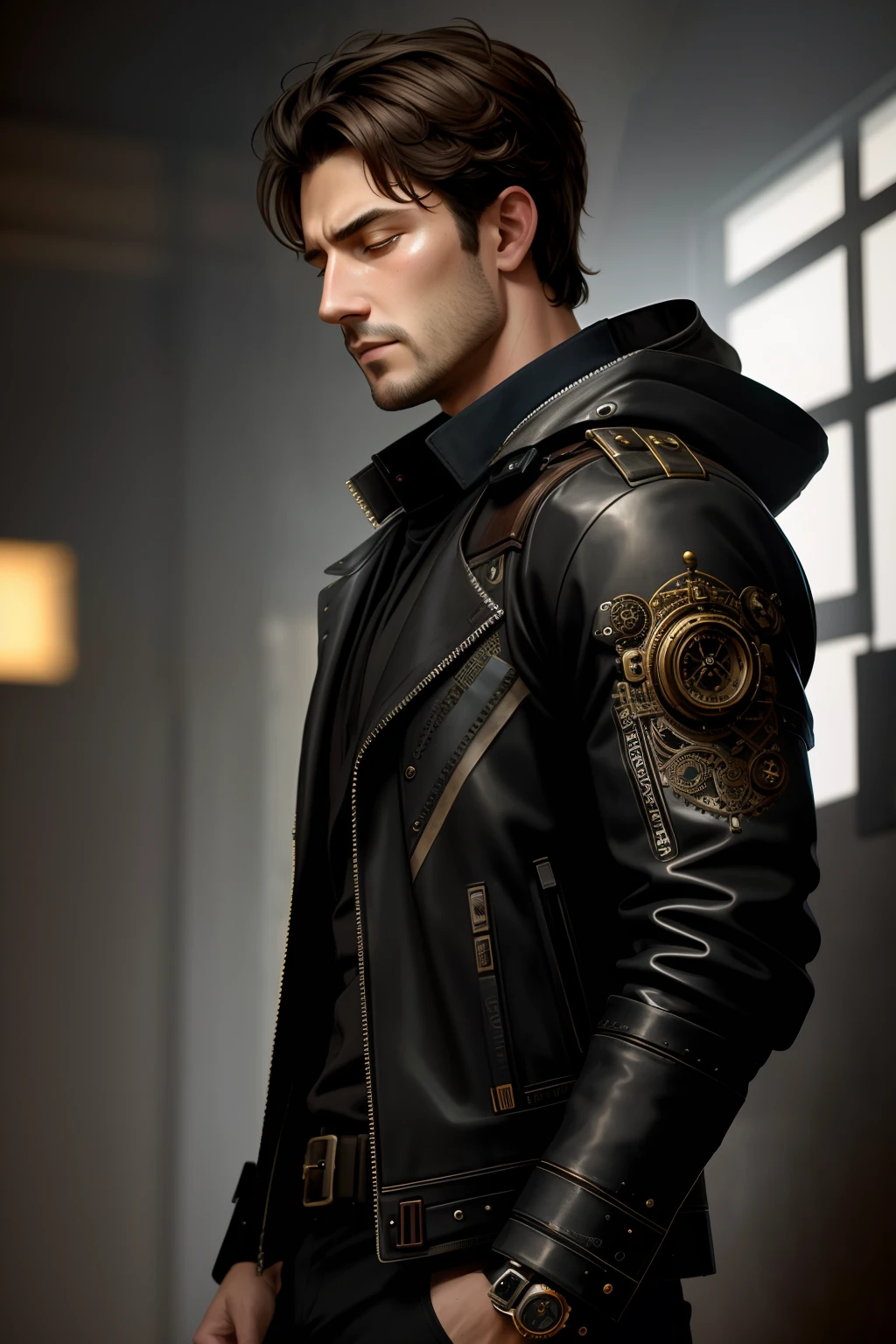 professional photograph, colorful portrait illustration, depressed attractive cybernetic man looking down while crying, (steampunk cyborg:1.2), (intricate details), hdr, (intricate details, hyperdetailed:1.2), cinematic shot, stark lighting, facing away from camera, hyperrealism, side shot, portrait, torso, hyperdetailed real human hair, (closed eyes), worn leather jacket, Fujifilm XT3, by Alexandre Calame and Alyssa Monks and Shigeru Ban, 8k, hr, hdr, photo realistic, sharp focus, by Jean Paul Gaultier and Jules Bastien-Lepage and Stella McCartney and Mark Keathley