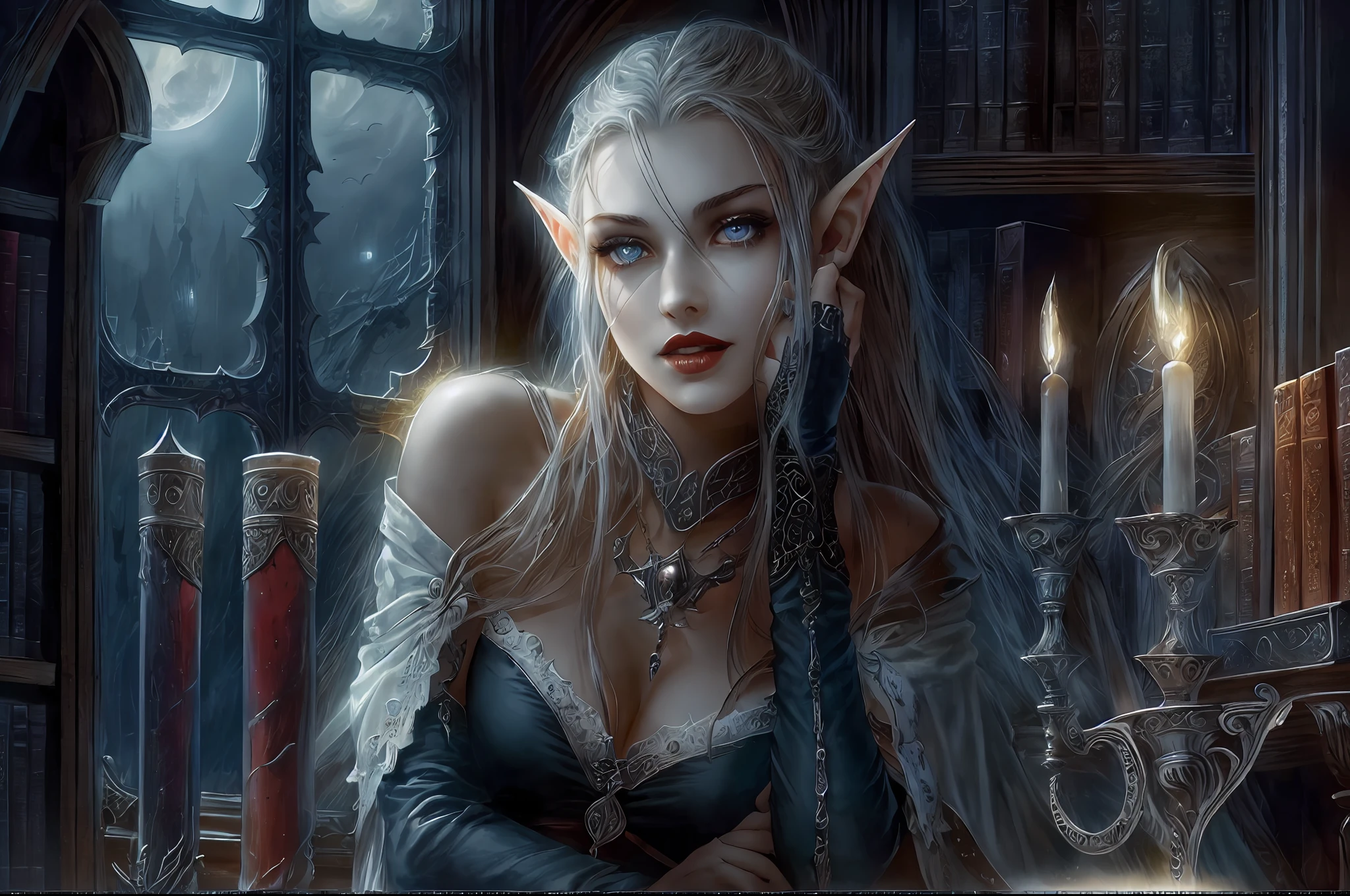 a picture of vampire elf in her castle, an exquisite beautiful female vampire elf in her library,  [full body] (ultra detailed, Masterpiece, best quality), ultra detailed face (ultra detailed, Masterpiece, best quality), grey skin, blond hair, hair in a ponytail, long hair, blue eyes, cold eyes, glowing eyes, intense eyes,  small pointed ears, smirking, smile with [drops of blood on face] (ultra detailed, Masterpiece, best quality), dark red lips, [vampire fangs], wearing white dress (ultra detailed, Masterpiece, best quality), dark blue cloak, high heeled boots in dark fantasy library, book shelves, high details, best quality, 8k, [ultra detailed], masterpiece, best quality, (ultra detailed), full body, ultra wide shot, photorealism, Luis Royo style, dark fantasy art, moon light coming through the window, moon rays, gothic art, sense of dread, sense of seduction