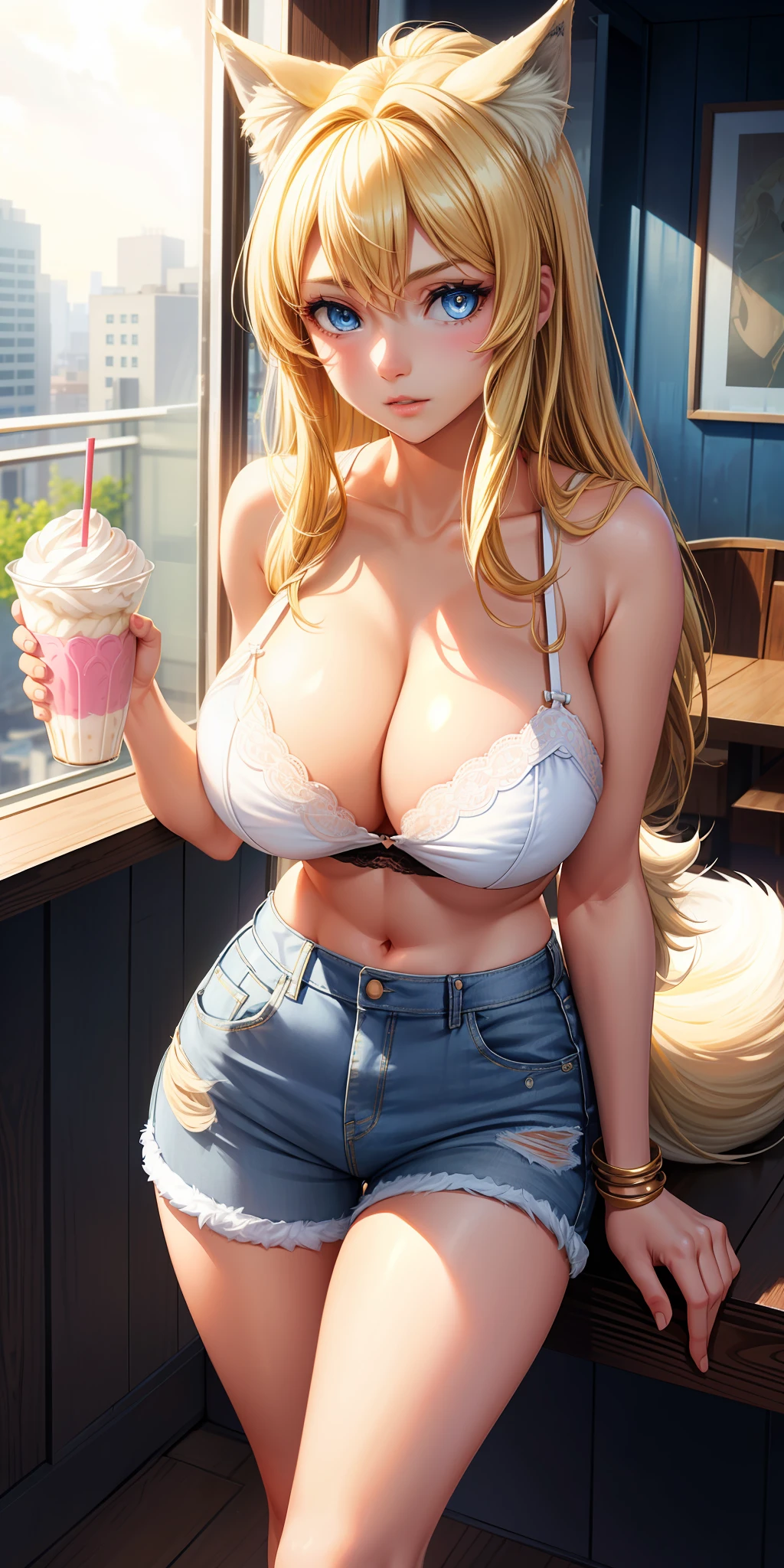 Big breasts, 1girl, ((blonde hair)) ((wolf girl)) blue eyes, has an extremely sexy body, with full breasts and a thin waist, and a sexy body, lace top strap short short jeans stylish, has an appearance young. young, quality, realistic, best quality, cute expression, distracted looking out the window, diner, having milkshake, mid-side angle