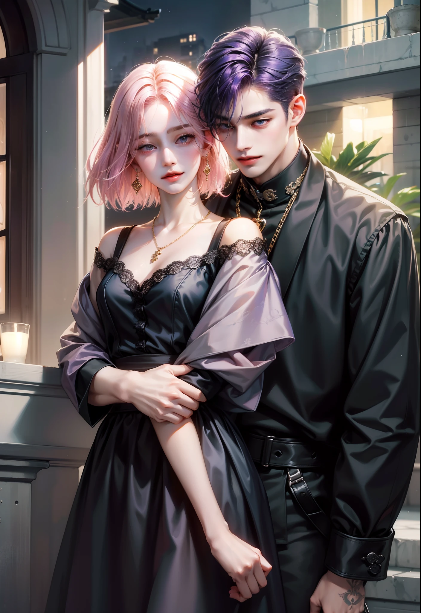 ​masterpiece, top-quality, 2Others, Male and female couples, 1 man and 1,, Adults, Height difference, different fashion, different color, finely eye and detailed face, intricate detailes, Casual clothing, Oversized shirt, Modern urban streets, Hands on back, A smile, Happiness, tenderness, high-level image quality、 beautiful male、tall、hug from behind、Trying to kiss、window、nightfall、nighttime scene、𝓡𝓸𝓶𝓪𝓷𝓽𝓲𝓬、Korean Male, Idol Photos, k pop, Professional Photos, Vampires, Korean fashion in black and white, Fedoman with a necklace, inspired by Sim Sa-jeong, androgynous vampire, :9 detailed face: 8, extra detailed face, detailed punk hair, ((asa)) baggy eyes, Seductive. Highly detailed, semi realistic anime, Vampires, hyperrealistic , delicate androgynous prince, imvu, short hair above the ears, Man with short hair, Woman with long hair, A man with a glaring expression and a woman with a gentle expression, With a short-haired man with bright purple hair, Woman with pretty long pink hair