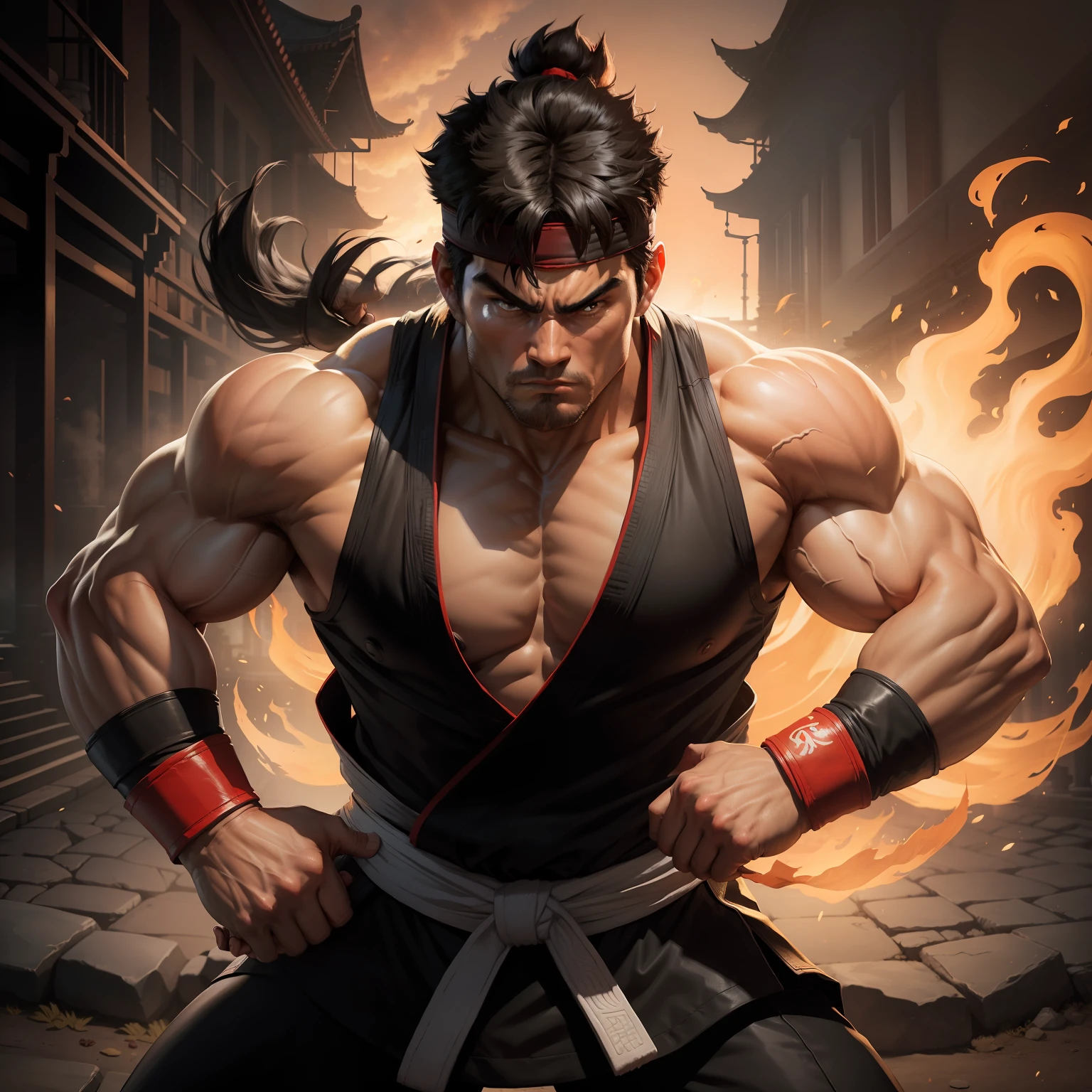 (best quality)  Ryu from Street Fighter, (black karate gi ,black headband, black gloves) temple background