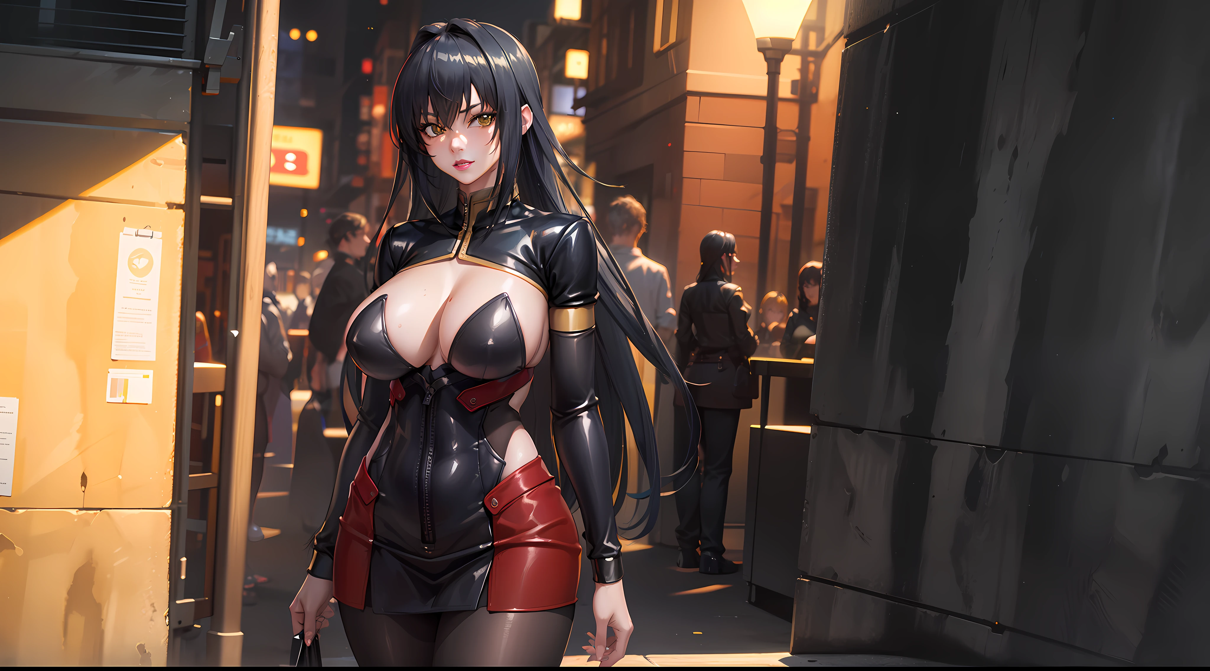 professional artwork, Intricate Details, field of view, sharp focus, detailed painting, photorealistic lighting, trending on pixiv, Standing at attention, black outfit ,yellow collared shirt,black and red bodysuit,skin_tight,black legwear, black pantyhose, Side_boob, black hair,very long hair, Bangs,yellow eyes,makeup, lipstick, 35yo,mature female,Beautiful Finger,Beautiful long legs,Beautiful body,Beautiful Nose,Beautiful character design, perfect eyes, perfect face, looking at viewer,official art,extremely detailed CG unreal engine 8k wallpaper, perfect lighting,Colorful, Bright_Front_face_Lighting, (masterpiece:1.0),(best_quality:1.0), ultra high res,4K,ultra-detailed, photography, 8K, HDR, highres, absurdres:1.2, Kodak portra 400, film grain, blurry background, (Beautiful,large_Breasts:1.4), (beautiful_face:1.5),(narrow_waist), (solo:1.4), ((landscape dimension)), rich detailed makeup, rich detailed eyeshadow, rich detailed lips, rich detailed lipstick, beautiful detail eyes