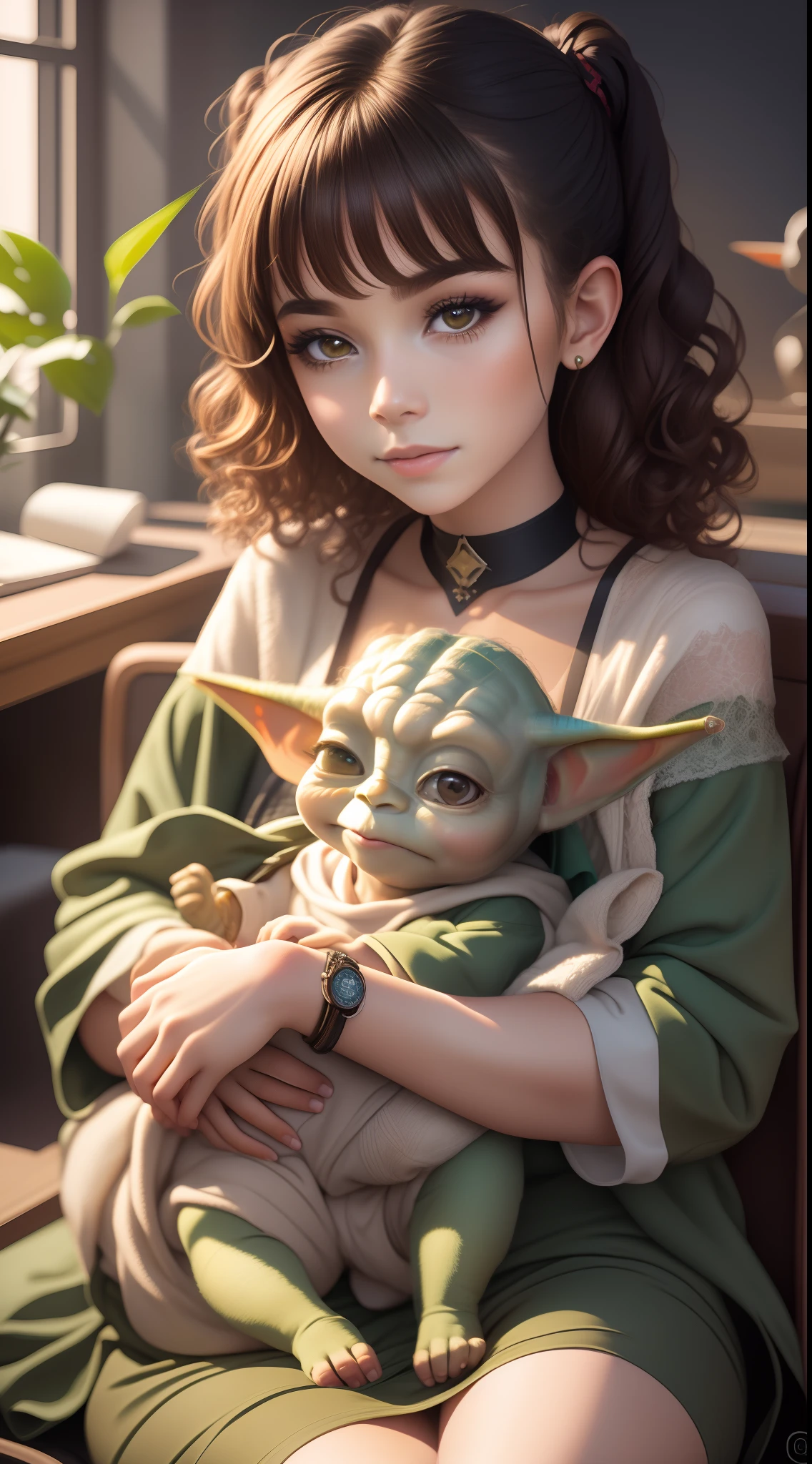 a beautiful human girl with curly brown hair holding a baby Yoda in her lap, guerra nas estrelas, art-station, ...cgi_animation, encaracolado_Hair, cute_girl.