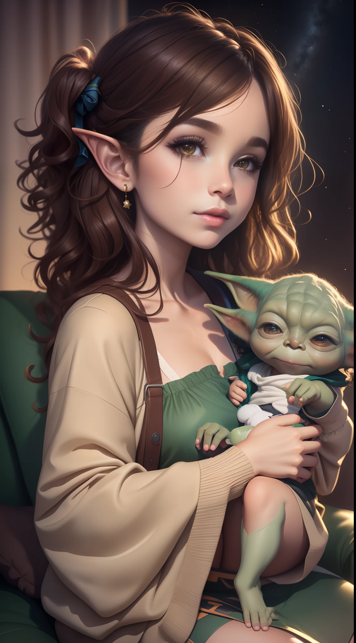 a beautiful human girl with curly brown hair holding a baby Yoda in her lap, guerra nas estrelas, art-station, ...cgi_animation, encaracolado_Hair, cute_girl.