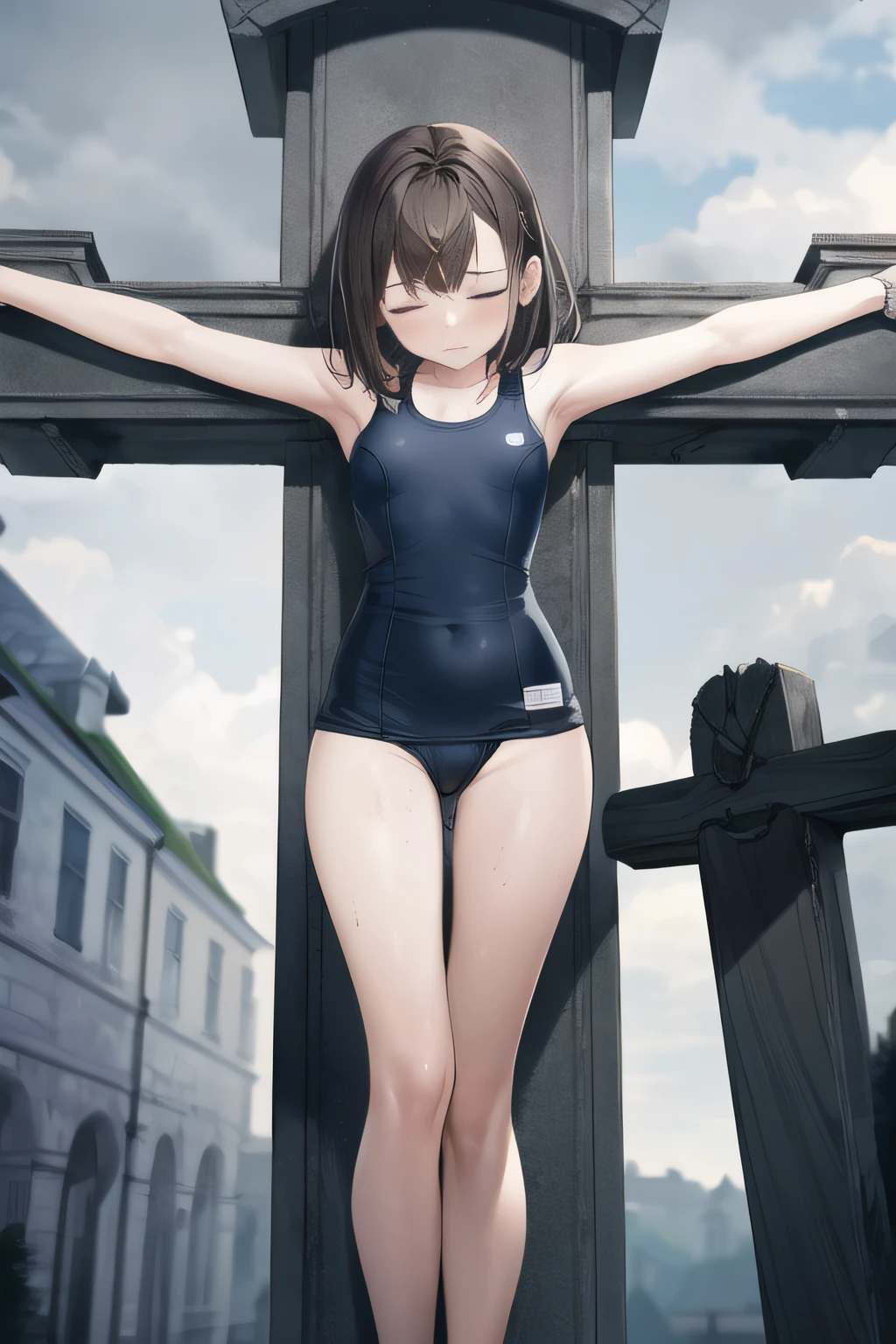 masterpiece, super detail, best quality, beautiful girl, Crucifixion, dirty, plain school swimsuit, tired brown hair, closed eyes, stonework town, ((gray sky))