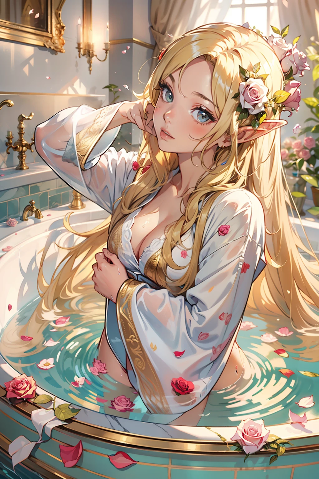 (nsfw 1.1), ((1girl)), ((masterpiece)), realistic, ((highly detailed:1.3)), beautiful elf princess bathing in a marble tub, ((very long blonde hair)), wet hair, wearing a sheer bathrobe, clothed bathing, ivorygoldai, royal palace bathroom setting, steam, ornate marble tub, (rose petals floating in water:1.3), early morning light, windows, crepuscular lighting, dynamic pose, dynamic angle,