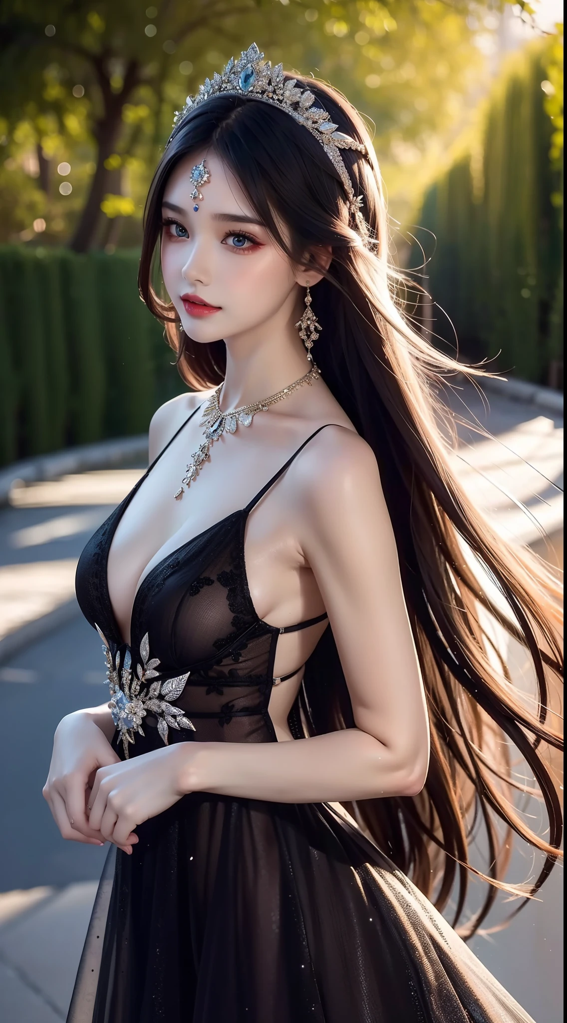 4K ultra hd, masterpiece, a cute girl, good face, detailed eyes, liquid lipstick, long hair, spreading hair, necklace, beaeutiful dress, long dress, marriage dress, black color, high lights, light effects, shining, realistic background, nature background, flowers, whole body capture,