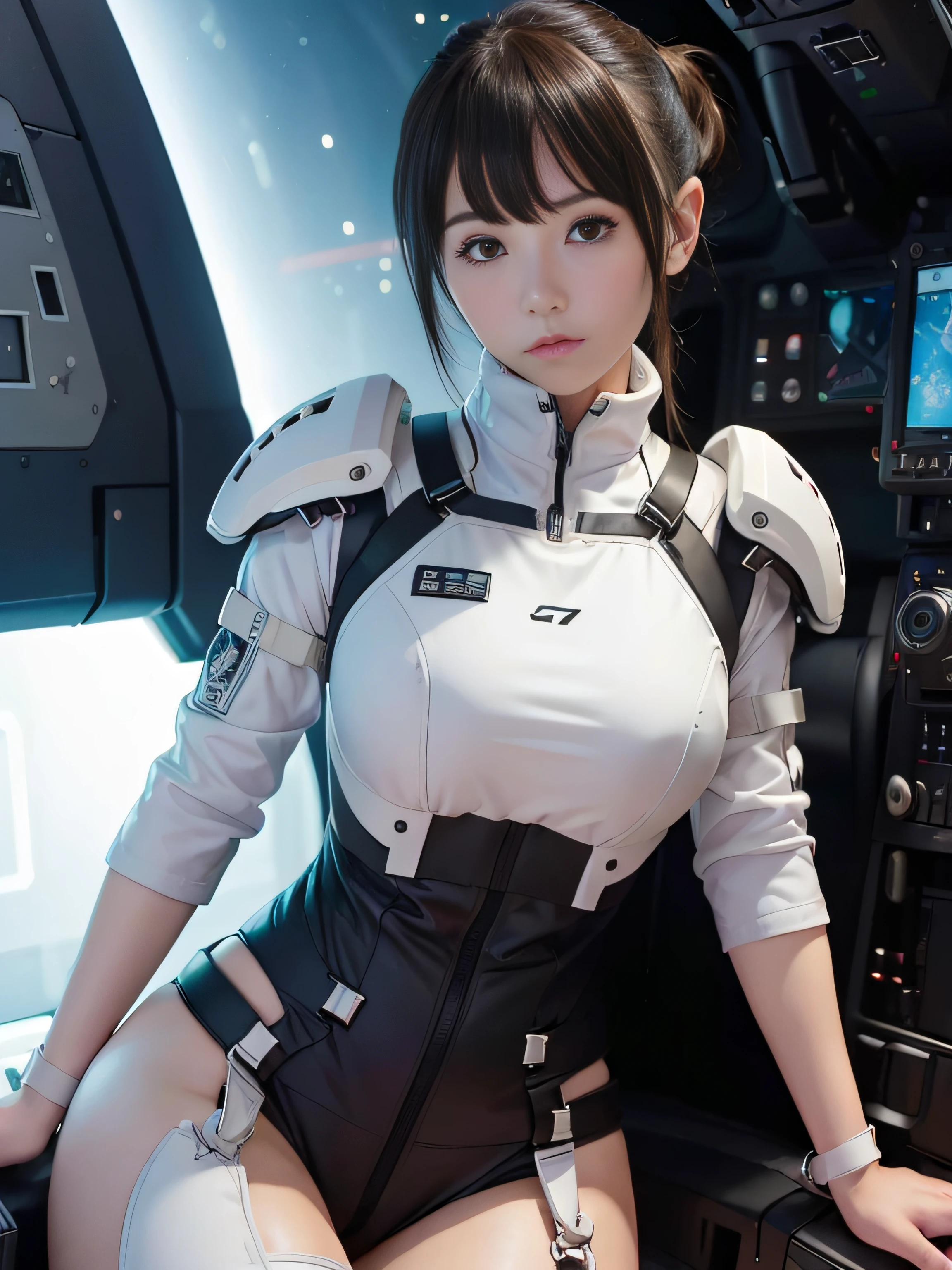 (top-quality、ultra-detailliert:1.2)、Nihei Tsutomu Style、Knights of Sidonia、1girl、space suits、A dark-haired、Look at viewers、Sit in the cockpit、opened legs、thighs thighs thighs thighs、cleavage of the breast