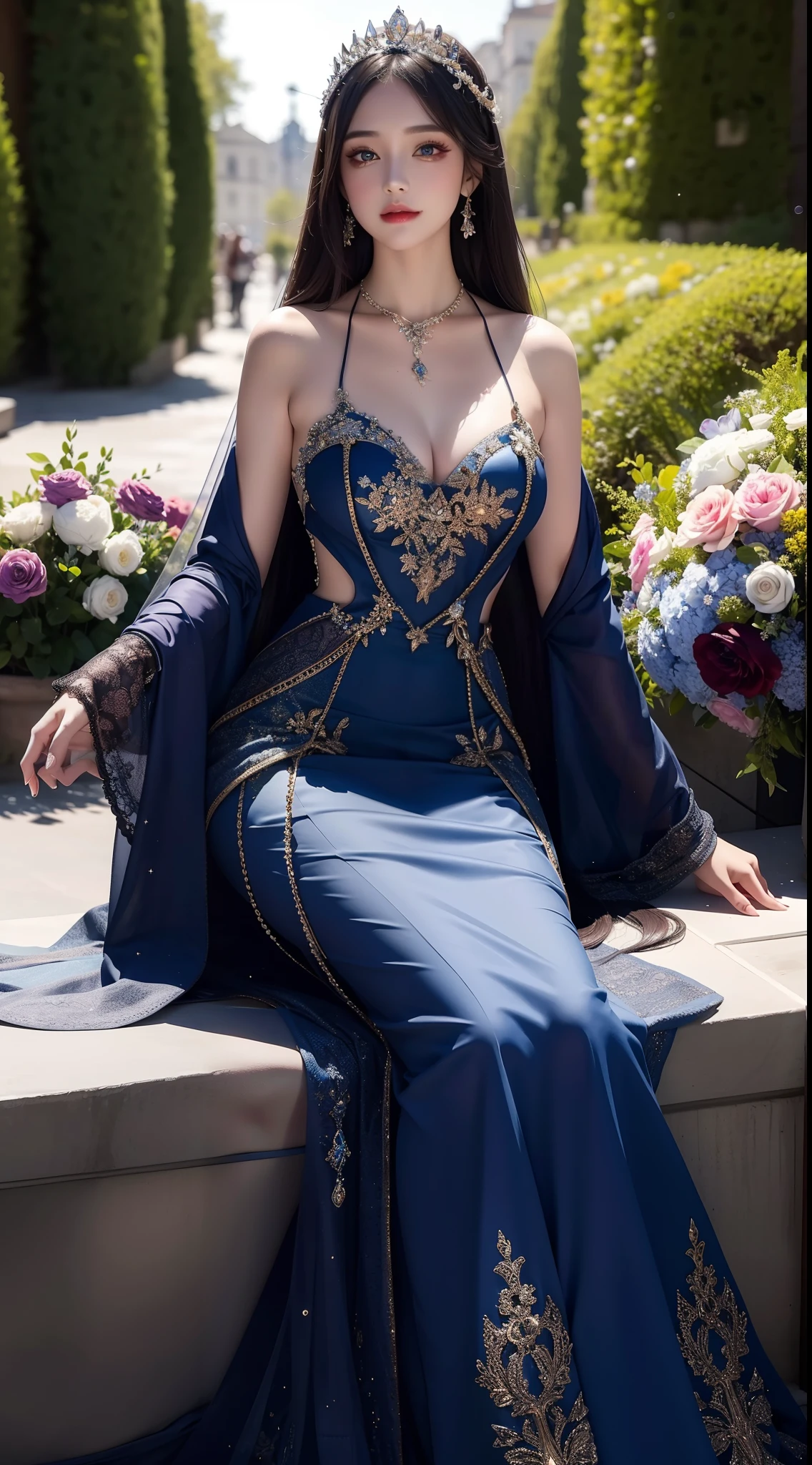4K ultra hd, masterpiece, a cute girl, good face, detailed eyes, liquid lipstick, long hair, spreading hair, necklace, beaeutiful dress, long dress, marriage dress, dark blue color, high lights, light effects, shining, realistic background, nature background, flowers, sitting, whole body capture,