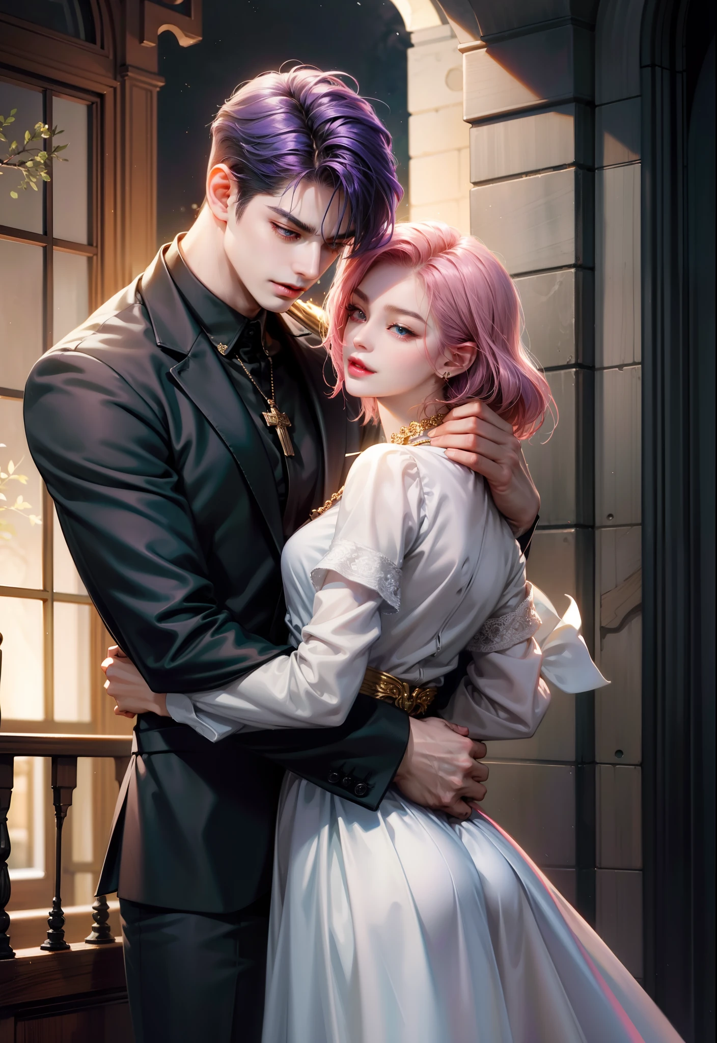 ​masterpiece, top-quality, 2Others, Male and female couples, 1 man and 1,, Adults, Height difference, different fashion, different color, finely eye and detailed face, intricate detailes, Casual clothing, Oversized shirt, Modern urban streets, Hands on back, A smile, Happiness, tenderness, high-level image quality、 beautiful male、tall、hug from behind、Trying to kiss、window、nightfall、nighttime scene、𝓡𝓸𝓶𝓪𝓷𝓽𝓲𝓬、Korean Male, Idol Photos, k pop, Professional Photos, Vampires, Korean fashion in black and white, Fedoman with necklace, inspired by Sim Sa-jeong, androgynous vampire, :9 detailed face: 8, extra detailed face, detailed punk hair, ((asa)) baggy eyes, Seductive. Highly detailed, semi realistic anime, Vampires, hyperrealistic teen, delicate androgynous prince, imvu, short hair above the ears, Man with short hair, Woman with long hair, A man with a glaring expression and a woman with a gentle expression, With a short-haired man with bright purple hair, Woman with pretty long pink hair