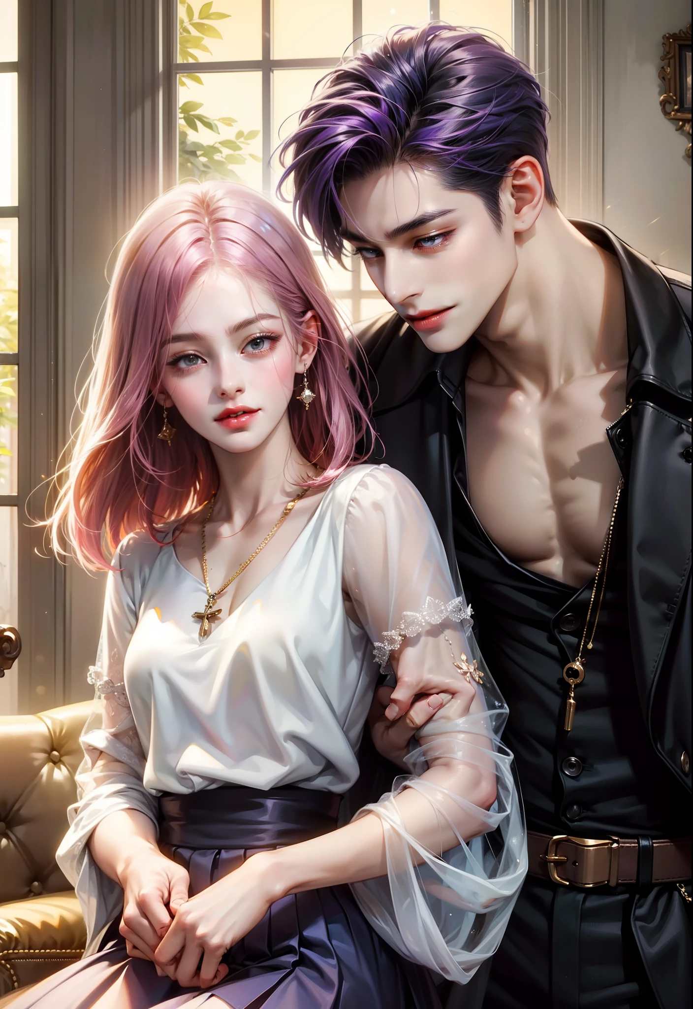 masterpiece, top-quality, 2Others, Male and female couples, 1 man and 1,, Adults, Height difference, different fashion, different color, finely eye and detailed face, intricate detailes, Casual clothing, Oversized shirt, Modern urban streets, Hands on back, A smile, Happiness, tenderness, high-level image quality、 beautiful male、tall、hug from behind、Trying to kiss、window、nightfall、nighttime scene、𝓡𝓸𝓶𝓪𝓷𝓽𝓲𝓬、Korean Male, Idol Photos, k pop, Professional Photos, Vampires, Korean fashion in black and white, By Fedman with a necklace, inspired by Sim Sa-jeong, androgynous vampire, :9 detailed face: 8, extra detailed face, detailed punk hair, ((asa)) baggy eyes, Seductive. Highly detailed, semi realistic anime, Vampires, hyperrealistic , delicate androgynous prince, imvu, short hair above the ears, Man with short hair, Woman with long hair, A man with a glaring expression and a woman with a gentle expression, With a short-haired man with bright purple hair, Woman with pretty long pink hair