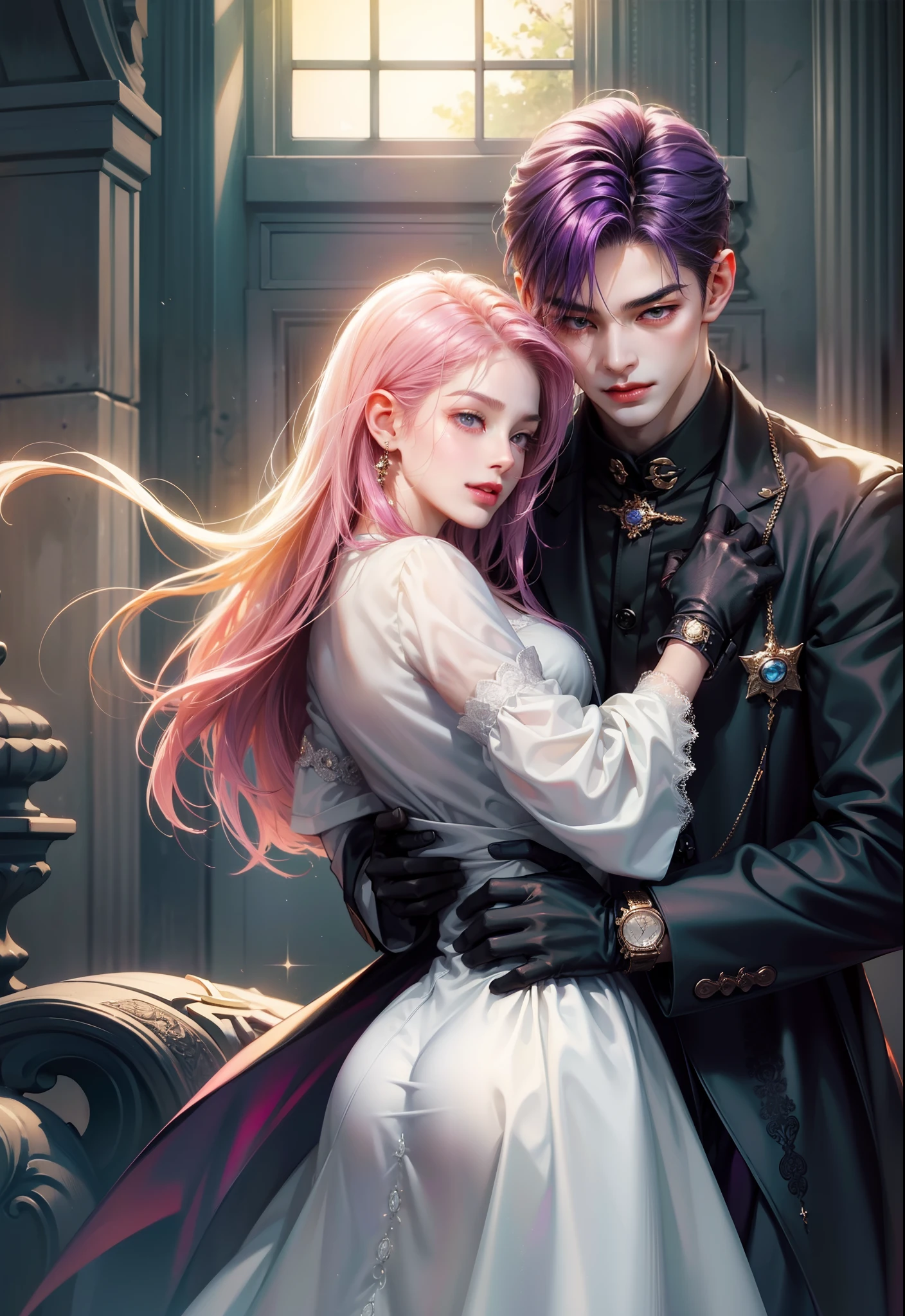 ​masterpiece, top-quality, 2Others, Male and female couples, 1 man and 1,, Adults, Height difference, different fashion, different color, finely eye and detailed face, intricate detailes, Casual clothing, Oversized shirt, Modern urban streets, Hands on back, A smile, Happiness, tenderness, high-level image quality、 beautiful male、tall、hug from behind、Trying to kiss、window、nightfall、nighttime scene、𝓡𝓸𝓶𝓪𝓷𝓽𝓲𝓬、Korean Male, Idol Photos, k pop, Professional Photos, Vampires, Korean fashion in black and white, Fedoman with necklace, inspired by Sim Sa-jeong, androgynous vampire, :9 detailed face: 8, extra detailed face, detailed punk hair, ((asa)) baggy eyes, Seductive. Highly detailed, semi realistic anime, Vampires, hyperrealistic teen, delicate androgynous prince, imvu, short hair above the ears, Man with short hair, Woman with long hair, A man with a glaring expression and a woman with a gentle expression, With a short-haired man with bright purple hair, Woman with pretty long pink hair