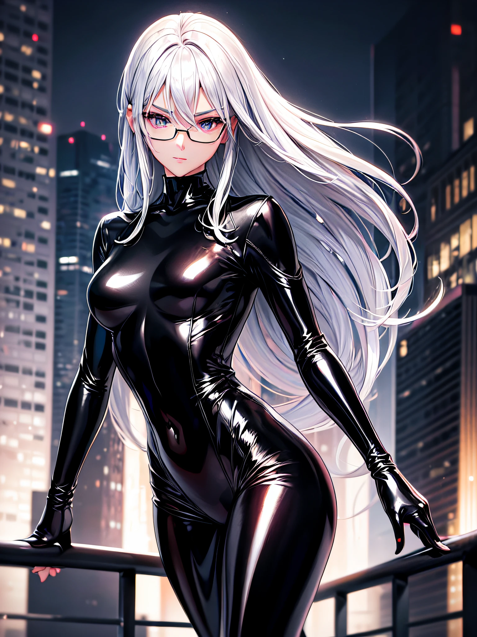 5 8K UHD、A beautiful woman with a small nose with silver hair in a shiny black rider suit with skin hidden up to the tips of black shiny fingertips wearing glasses is looking down、Late night city、Wearing a shiny black latex slider suit with hidden skin、Shiny black latex slider suit、Beautiful-headed woman with one leg raised expressionless