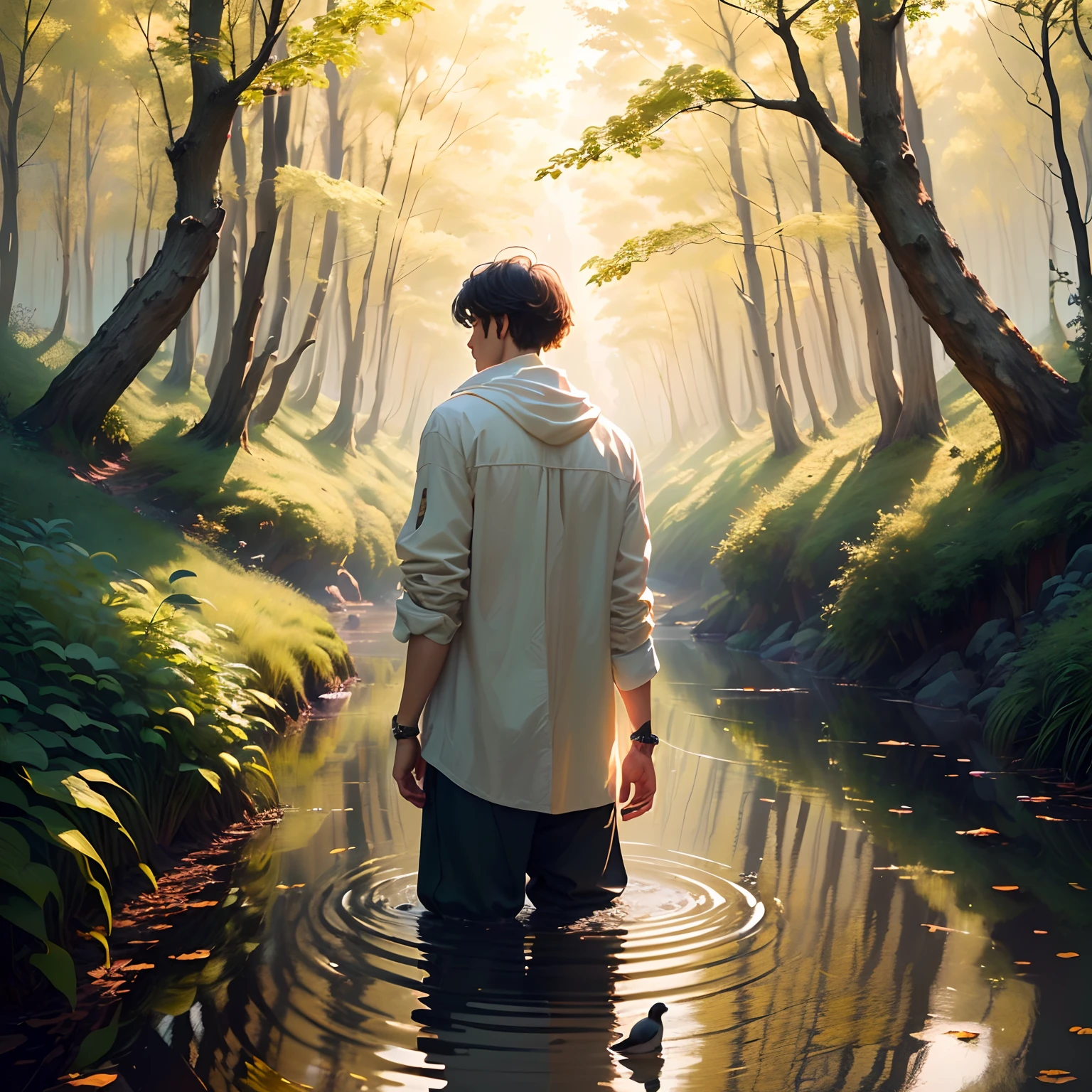 "Craft an unparalleled ultra-realistic masterpiece that transcends the boundaries of perception, capturing the essence of a moment suspended in time. Visualize a lone figure, a man standing on the tranquil bank of a winding river that meanders through an untouched wilderness. The soft, golden light of the late afternoon sun should imbue every detail with a sense of warmth and depth that feels almost touchable. The man's posture should convey a mixture of contemplation and connection with nature, his reflection gently rippling in the crystal-clear water at his feet. The play of light and shadow should be a symphony of reality, illuminating every blade of grass, every leaf, and every ripple on the water's surface. The air should be pregnant with the earthy scents of nature, and distant sounds of birds and rustling leaves should weave an auditory tapestry that complements the visual magnificence. This scene should be a testament to your creative prowess, an embodiment of the sublime that sets a new benchmark for realism in the realm of art."