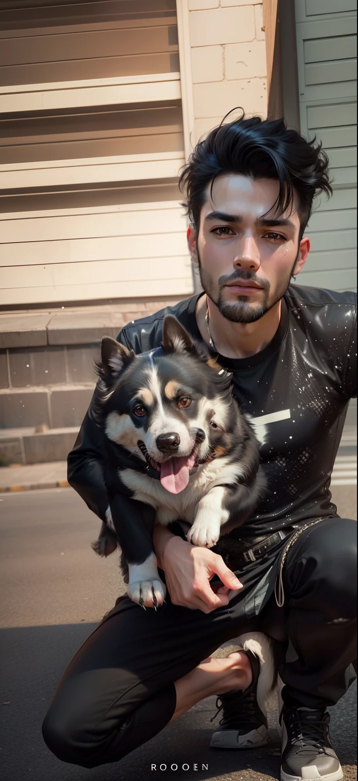 Best dog walking man 1boy black hair,solo,holding animal,looking at viewer,black eyes,holding,long hair,holding dog,realistic,simple background,covered mouth,upper body,long sleeves same facecut