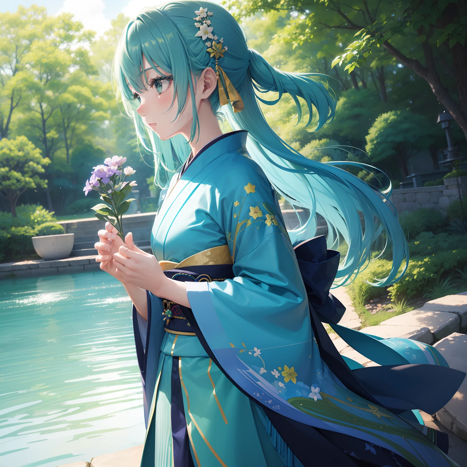(Beautifully Aesthetic:1.2)、(1girl in:1.3)、(Blue and green colorful hair:1.2)、Wearing blue and green colorful kimono、Tsuyukusa、Flower garden of Tsuyukusa、respect、nostalgic、serenade、zori、Eau、natta、stele、starrysky、