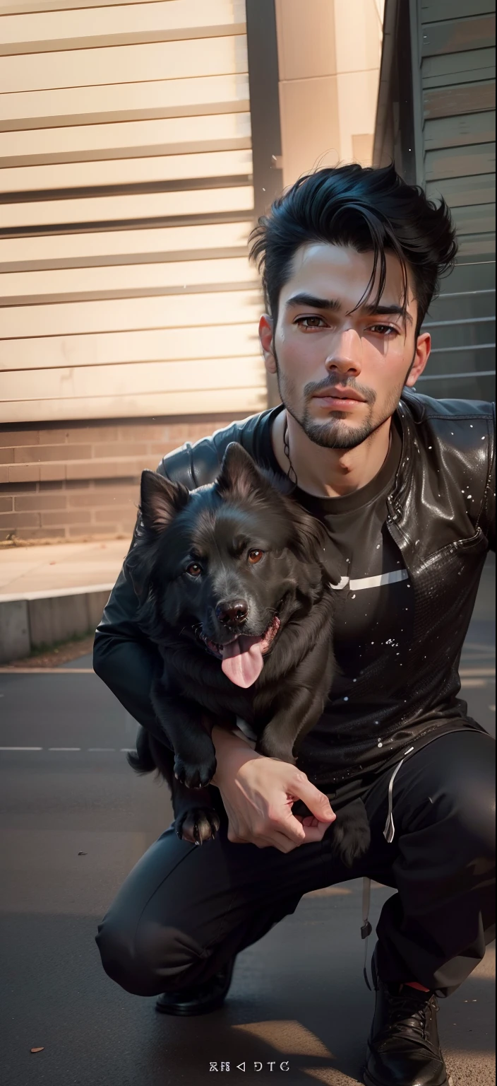 Best dog walking man 1boy black hair,solo,holding animal,looking at viewer,black eyes,holding,long hair,holding dog,realistic,simple background,covered mouth,upper body,long sleeves same facecut