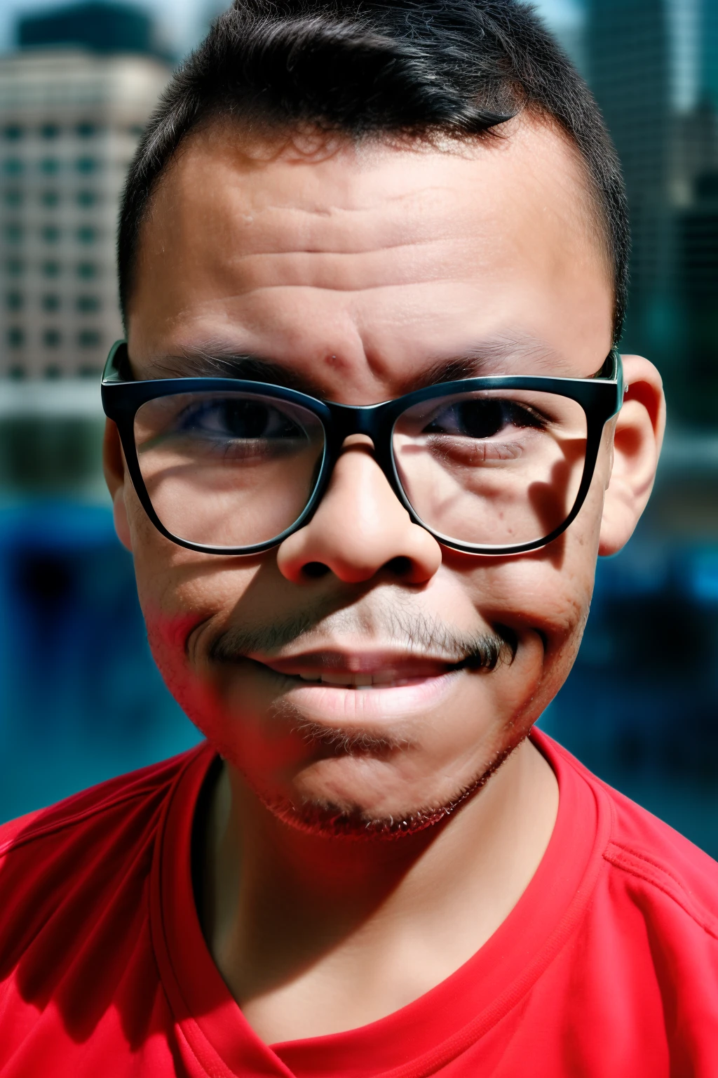 guttonerdvision10, RAW photo, two tone light, professional photoportrait, closeup of a boy 3y.o wearing glasses, upper body, centered, city in background, (highly detailed skin, full sharp:1.2)