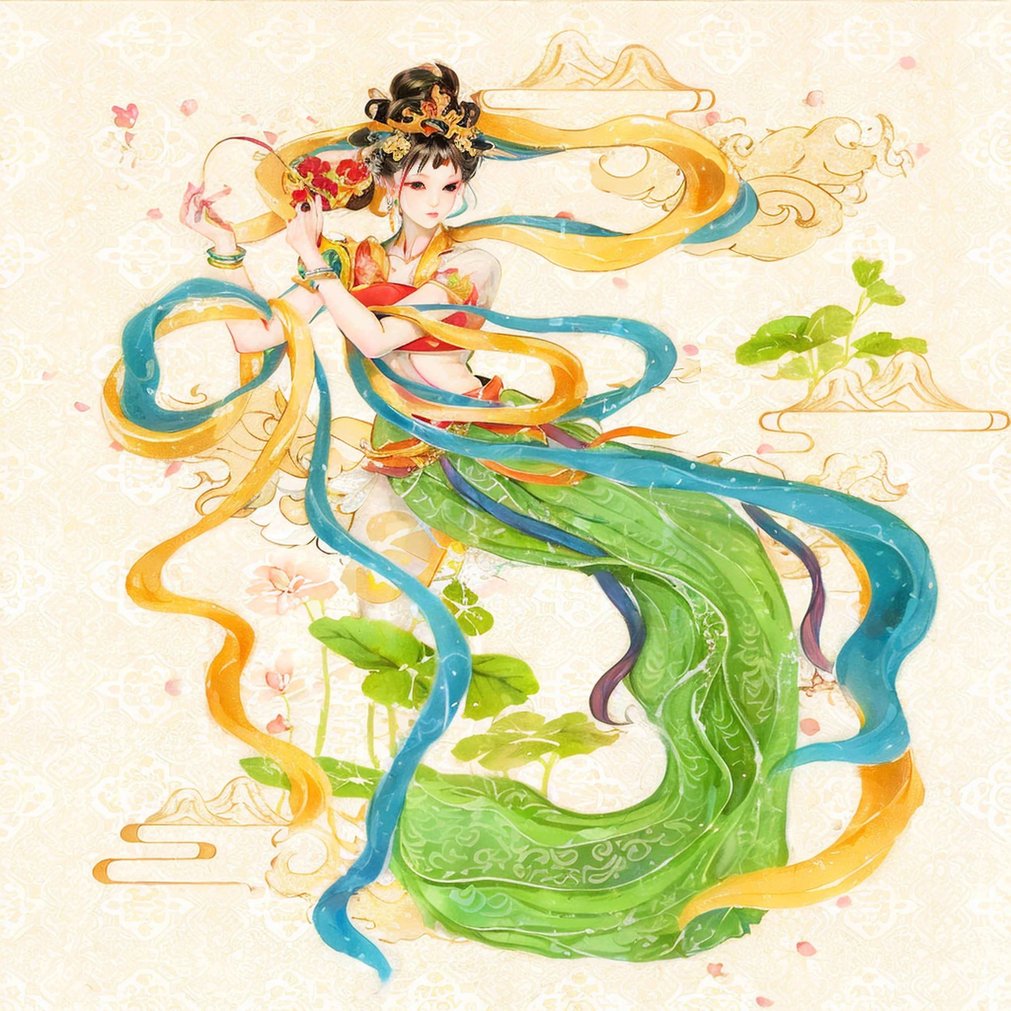 Alavid image of a woman with long flowing hair, A beautiful artwork illustration, an ancient Chinese goddess, gilded lotus princess, ancient china art style, a beautiful fantasy empress, spring goddess, Exquisite digital illustration, guanyin of the southern seas, Princesa chinesa antiga, full-colour illustration, Inspired by Lan Ying, Chinese style painting, Chinese watercolor style