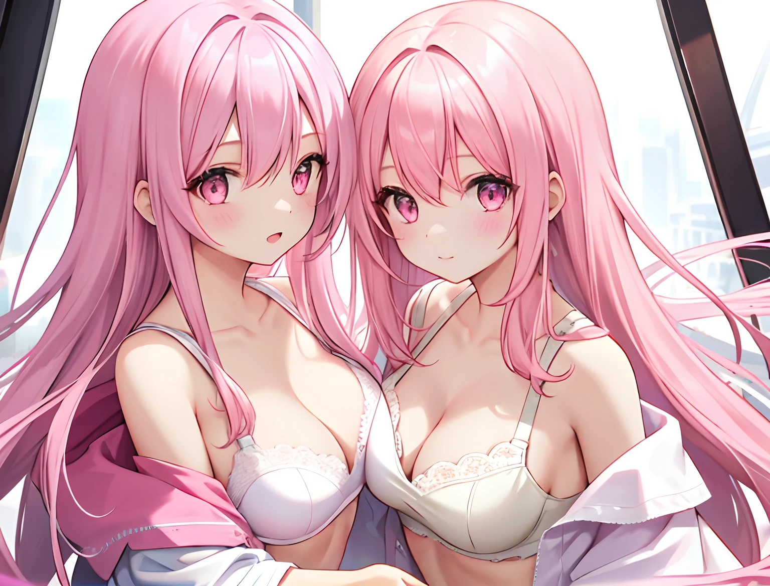 2girls,A pink-haired,long whitr hair,mediuml breasts,Wear only a bra,Breast collision