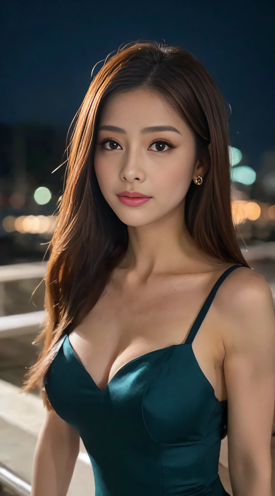 ((Realistic lighting, Best quality, 8K, Masterpiece: 1.3)), Clear focus: 1.2, 1girl, Perfect body beauty: 1.4, Slim abs: 1.1, ((dark brown hair, Big breasts: 1.3)), (Aqua dress: 1.4), (Outdoor, night: 1.1), City streets, Super fine face, fine eyes, double eyelids, exposed cleavage