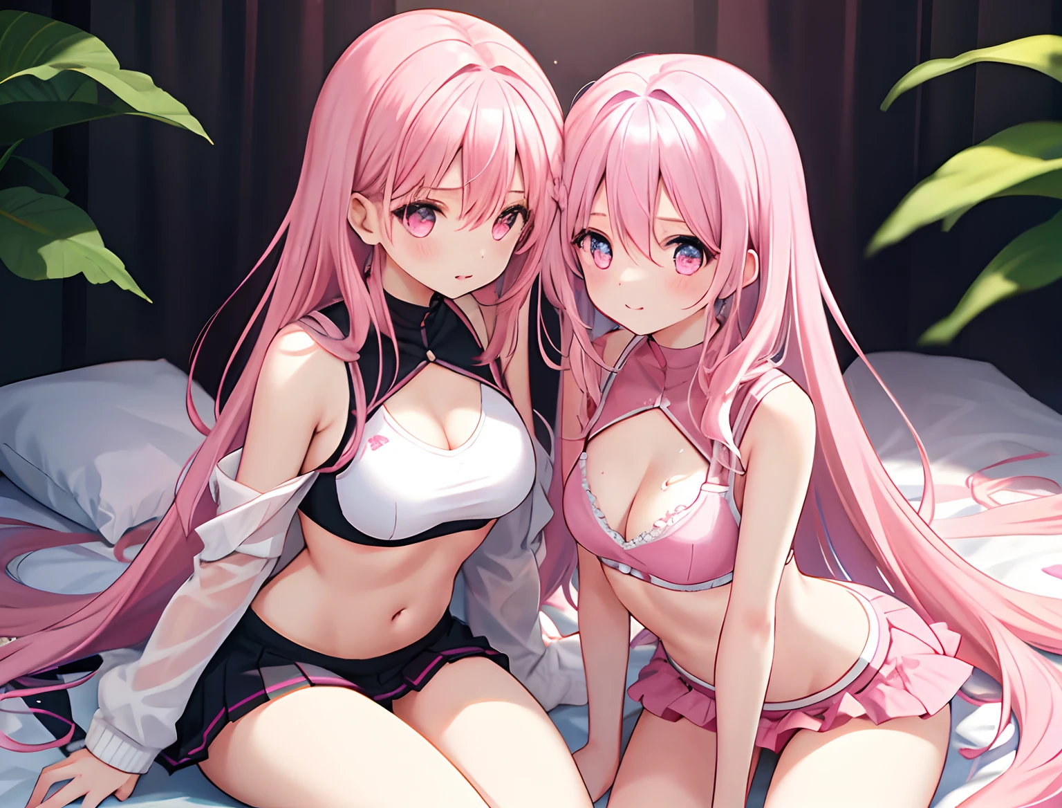2girls，A pink-haired，long whitr hair，mediuml breasts，Wear only a bra，Breast collision，pantyless