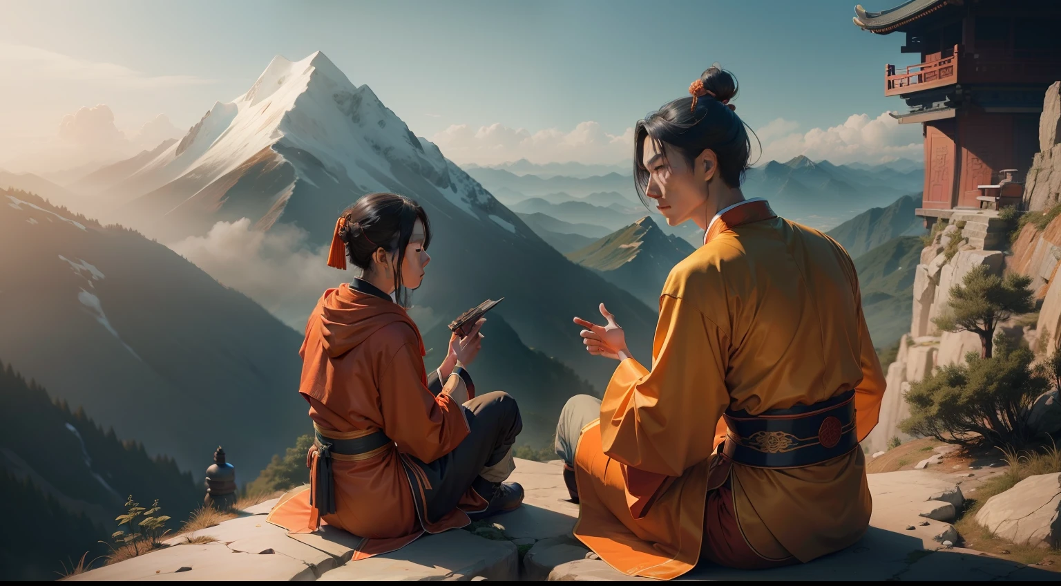 A CHINESE SAGE MAN DRESSED IN ORANGE ROBES SITTING ON A MOUNTAIN, TALKING TO A COUPLE IN CHINESE CLOTHES, BEST IMAGE REALISTIC 8K
