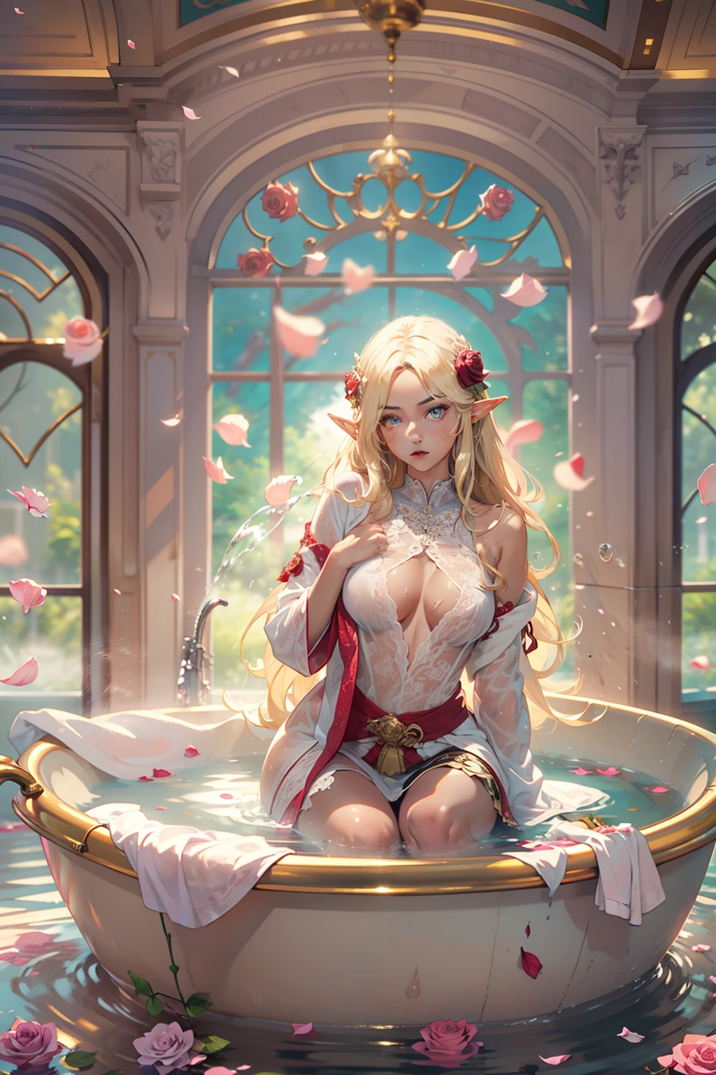 (nsfw 1.5), ((1girl)), ((masterpiece)), realistic, ((highly detailed:1.3)), beautiful elf princess bathing in a marble tub, ((very long blonde hair)), wet hair, wearing a sheer bathrobe, clothed bathing, ivorygoldai, royal palace bathroom setting, steam, ornate marble tub, (rose petals floating in water:1.3), early morning light, windows, crepuscular lighting, dynamic pose, dynamic angle,