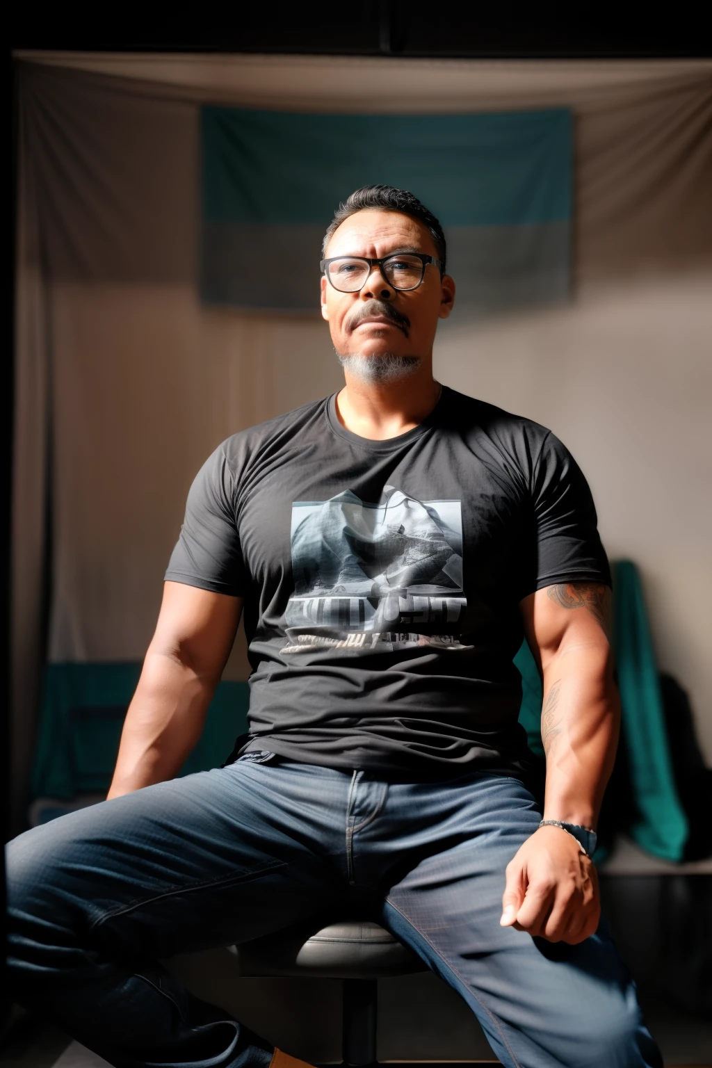 guttonerdvision10, RAW photo, a man wearing glasses sitting on a chair, ((wearing a black t-shirt and jeans)), masculine pose in a photo studio, 105mm professional photography, analog photography, vintage style, chiaroscuro lighting, (high detailed skin:1.2), 8k uhd, dslr, soft lighting, high quality, film grain, Fujifilm XT3