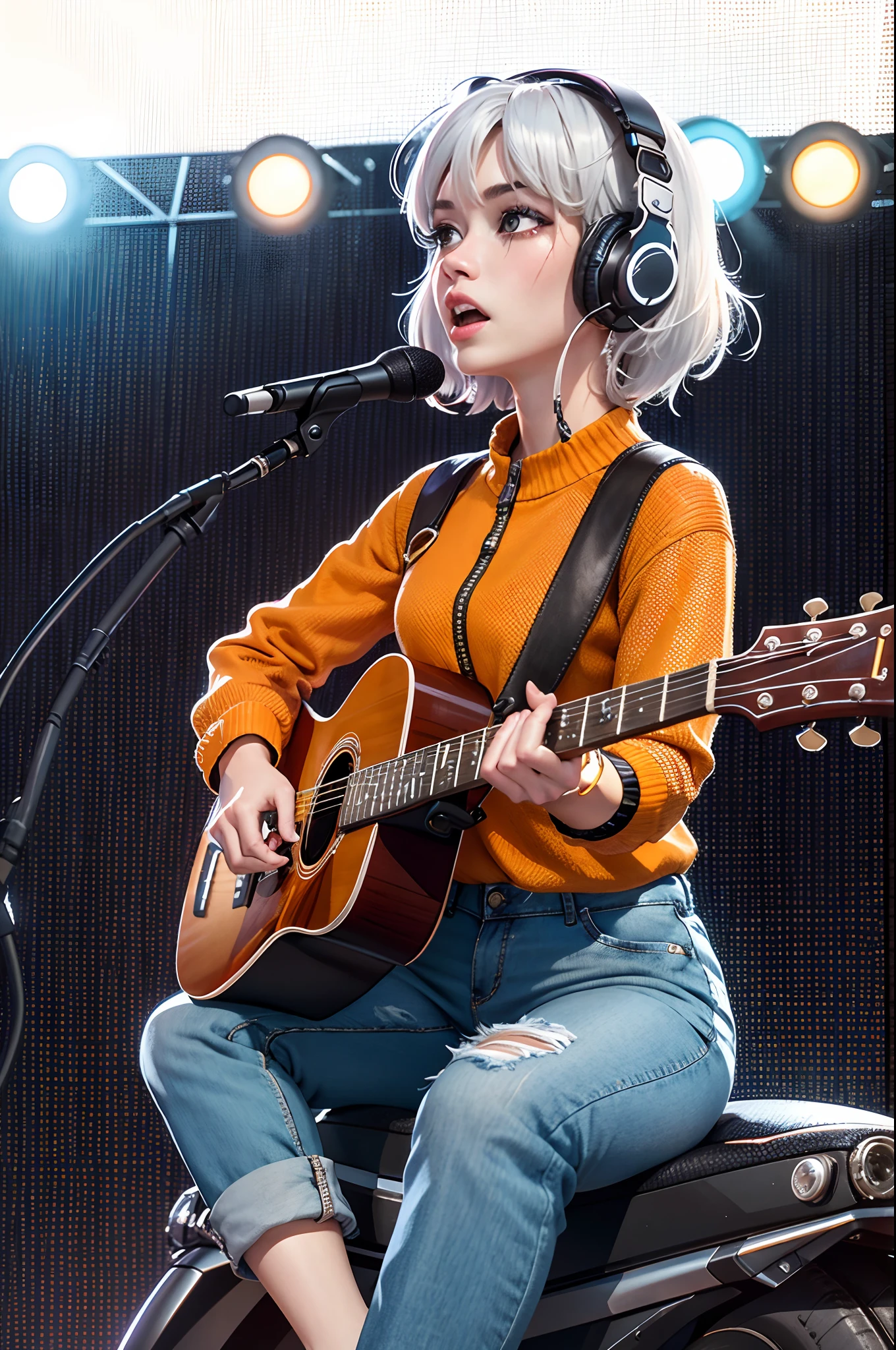 a pregirl,Sitting on a motorbike，Holding the guitar,With a headset,Singing,The stage lighting is rich in color，White hair,Orange and loose-fitting clothing,denim pant,tmasterpiece,Cinematic effects Detailed details，Official 4k,Depth of field effect,depth of fields,blurryforeground，The background is blurred out,middlebreast,cyber punk style