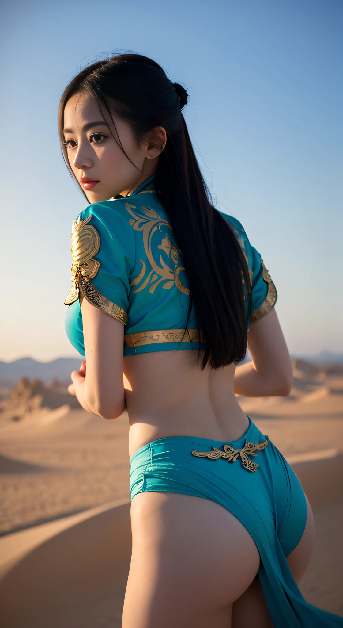 1girll,Dance,Dunhuang flying costume,Long messy hair,JI Jian,Dunhuang style,A lot of smoke,Exquisite,Elegant colors,(realisticlying,high detal,tmasterpiece,ultra - detailed,dynamic angle,Mural background,water ink,astounding,cinmatic lighting,illustratio,lightand shade contrast,The light from the back window is backlighted,God Ray,Netherlands,Best quality at best,Best quality at best,Guohuang desert background),Seven-doppelganger shot,dynamicposes,dynamic angle