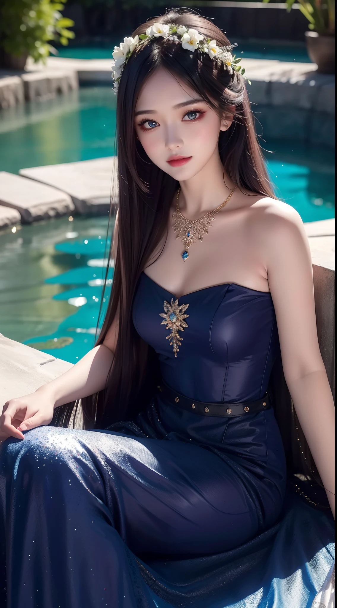 4K ultra hd, masterpiece, a cute girl, good face, detailed eyes, liquid lipstick, long hair, spreading hair, necklace, beaeutiful dress, long dress, marriage dress, dark blue color, high lights, light effects, shining, realistic background, nature background, flowers, sitting, whole body capture,