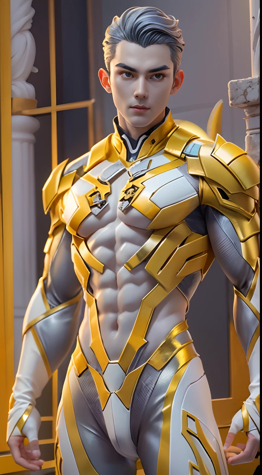 Sculpture design，Figures，GK model，（（The whole body of the character）），decor，Expose muscles，Raised sexy（Exquisite base），Wu Shixun，Transparent material，harf，White and yellow complement the clothes，Handsome cybernetic boy looking at camera lingerie detailed muscular reality masterpiece，musculous