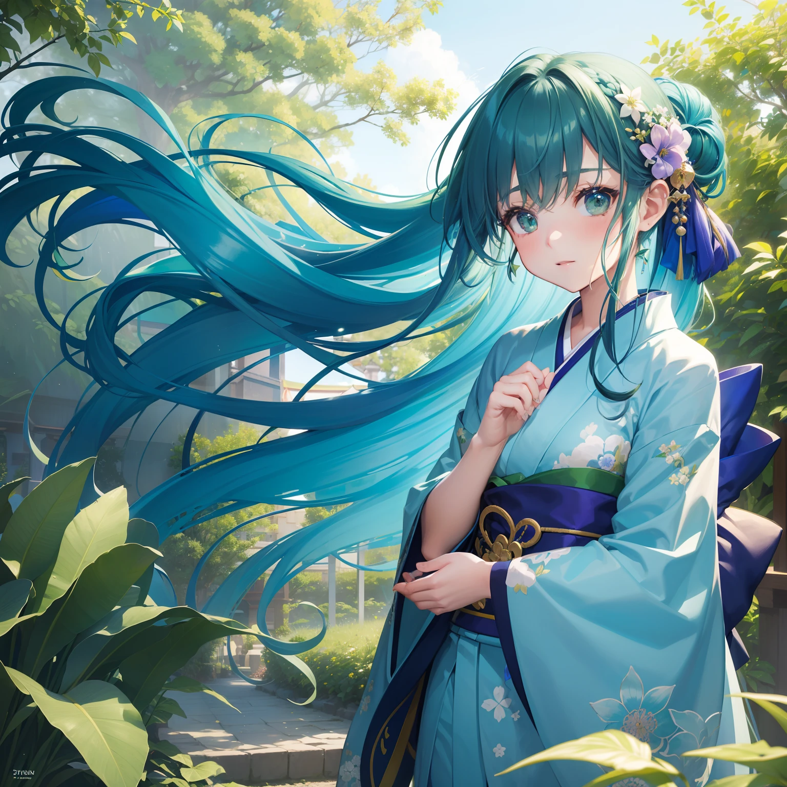 (Beautifully Aesthetic:1.2)、(1girl in:1.3)、(Blue and green colorful hair:1.2)、Wearing blue and green colorful kimono、Tsuyukusa、Flower garden of Tsuyukusa、respect、nostalgic、serenade、zori、Eau、natta、stele、starrysky、