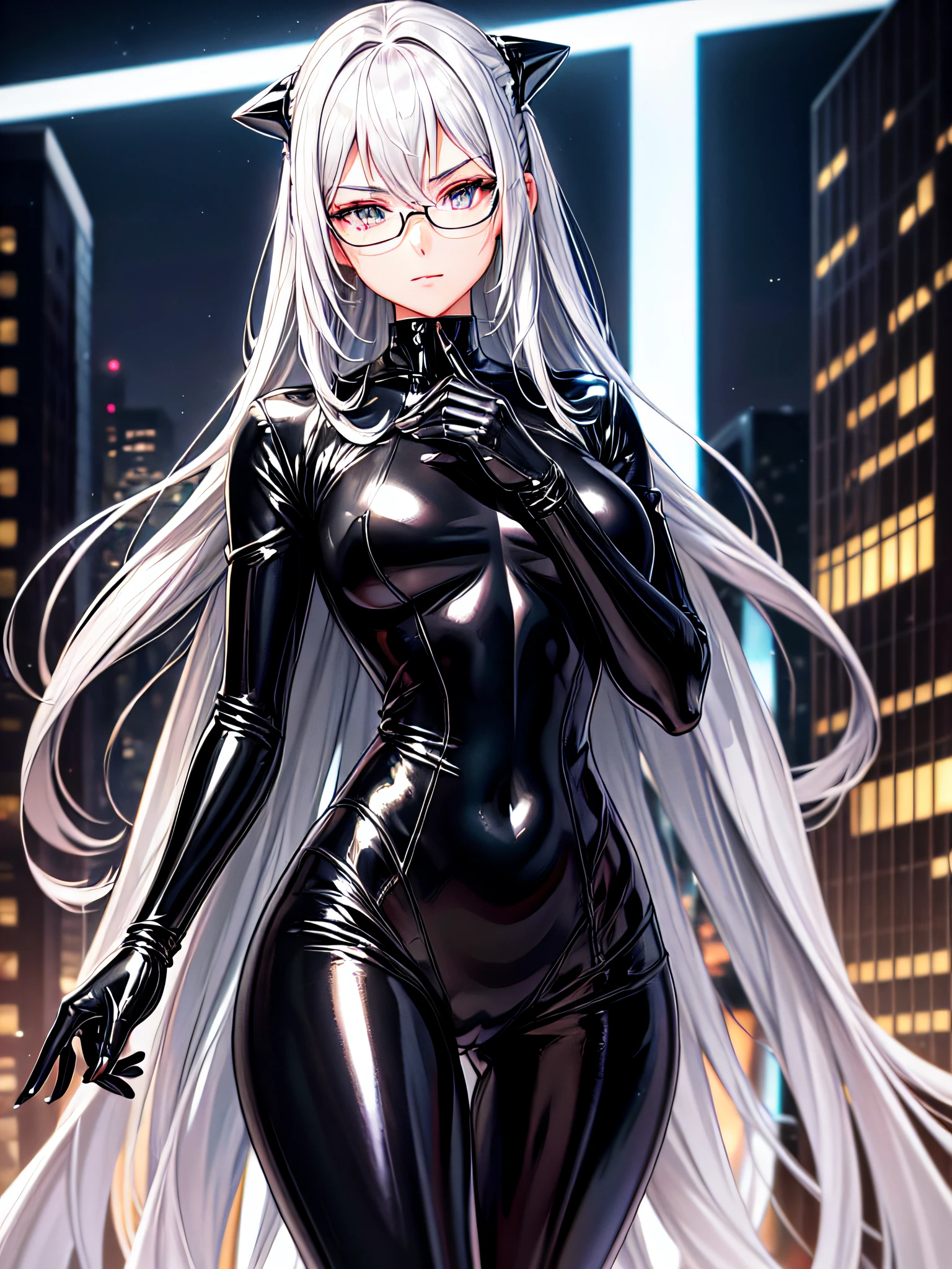 5 8K UHD、A beautiful woman with a small nose with silver hair in a shiny black rider suit with skin hidden up to the tips of black shiny fingertips wearing glasses is looking down、Late night city、Wearing a shiny black latex slider suit with hidden skin、Shiny black latex slider suit、Beautiful-headed woman with one leg raised expressionless