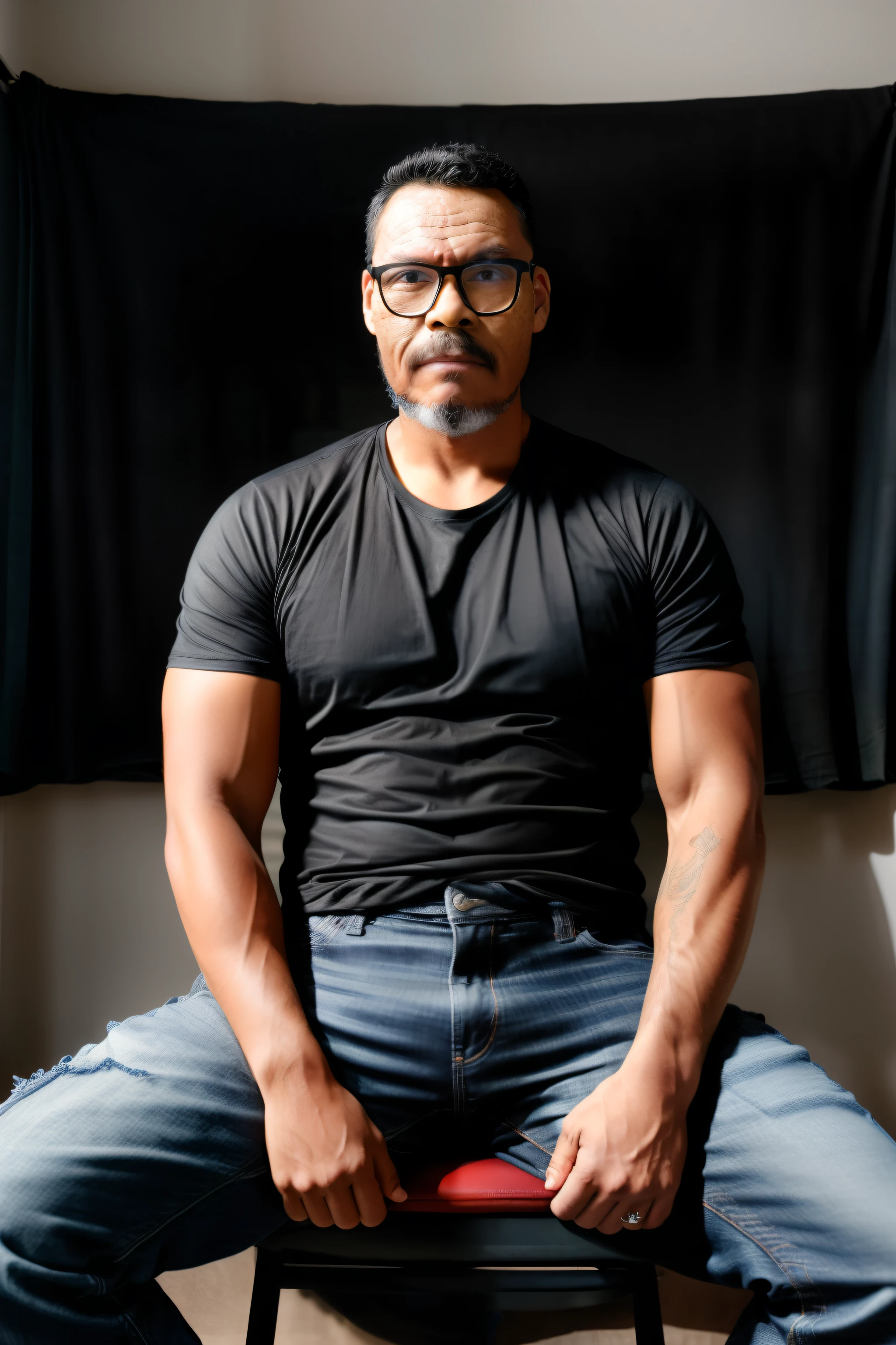 guttonervision8, RAW photo, a man wearing glasses sitting on a chair, ((wearing a black t-shirt and jeans)), masculine pose in a photo studio with black infinite background, 105mm professional photography, analog photography, vintage style, chiaroscuro lighting, (high detailed skin:1.2), 8k uhd, dslr, soft lighting, high quality, film grain, Fujifilm XT3