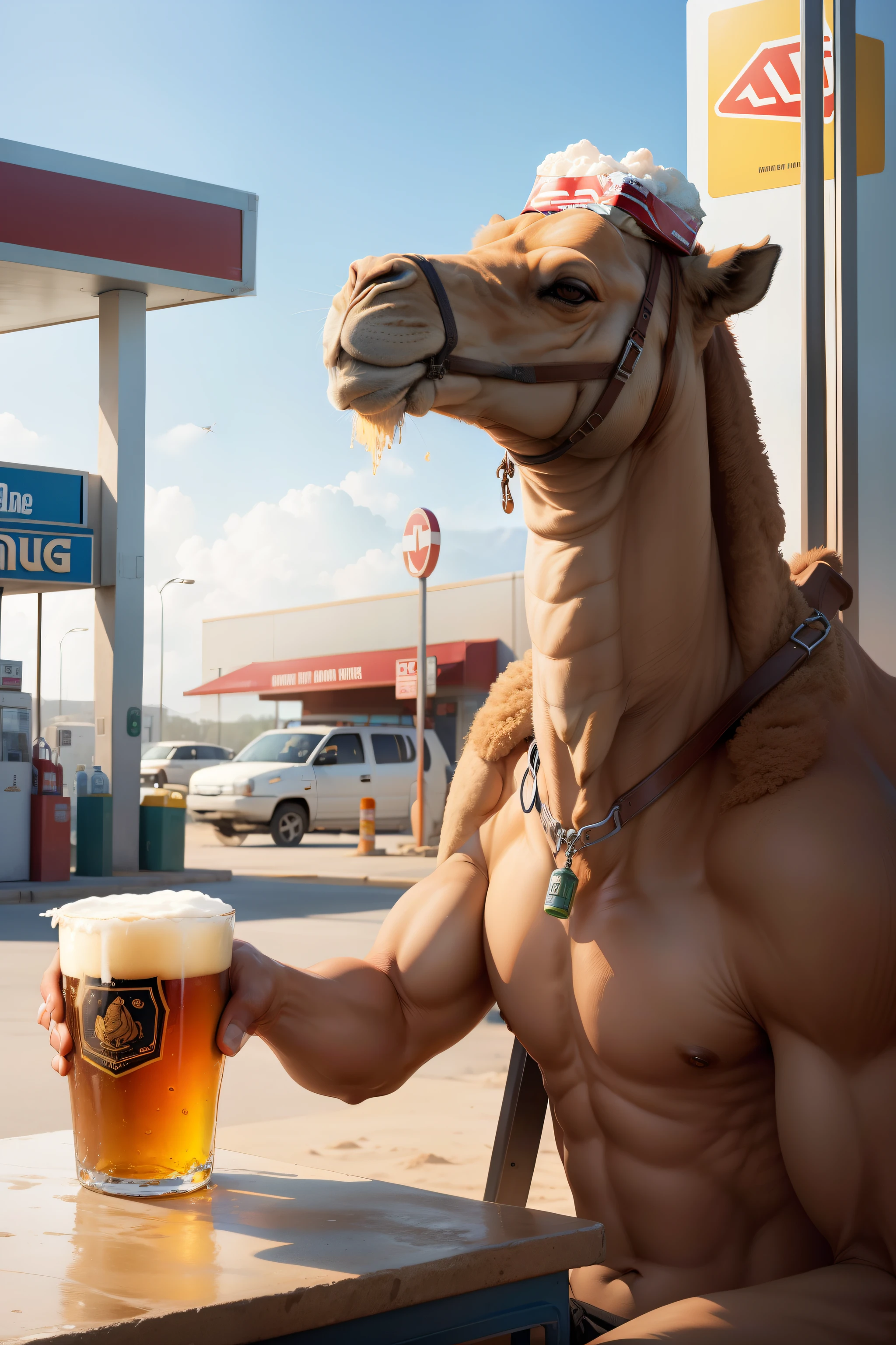 Make a camel drinking beer at a gas station