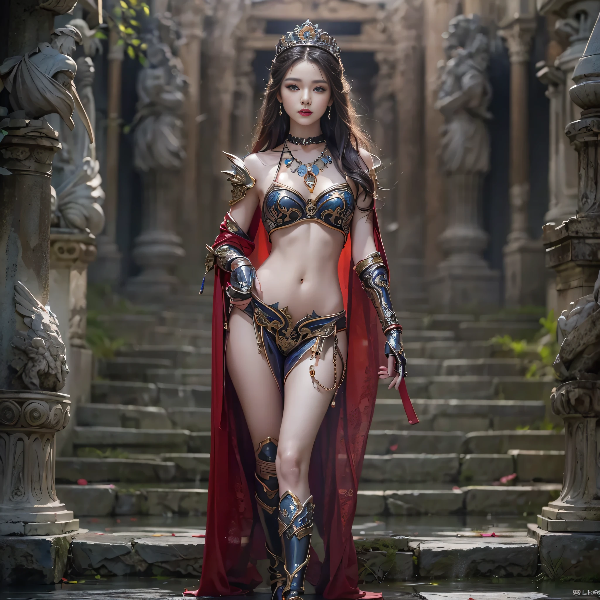((masterpiece:1.4)、(top-quality:1.4)、(reallistic:1.7))、Beautiful girl strolling in the garden of fantastic ancient city、Sexy Daughter、Super beautiful girl、1girl in:1.4、Dress like a queen、Glossy luxury latex、Luxury Latex Bodysuit、By Luis Royo、age19、Super Ultra Ultra Bikini、Outstanding style、(Two legs correctly depicted:1.7)、(Two arms:1.4)、anatomical correct、Slender Abs、beauty legs、Beautiful ass、A detailed eye、beautidful eyes、Raw photo、red-lips、Red high heels、a choker、a necklace、耳Nipple Ring、Fantasy of an ancient city、Fantasy worldview