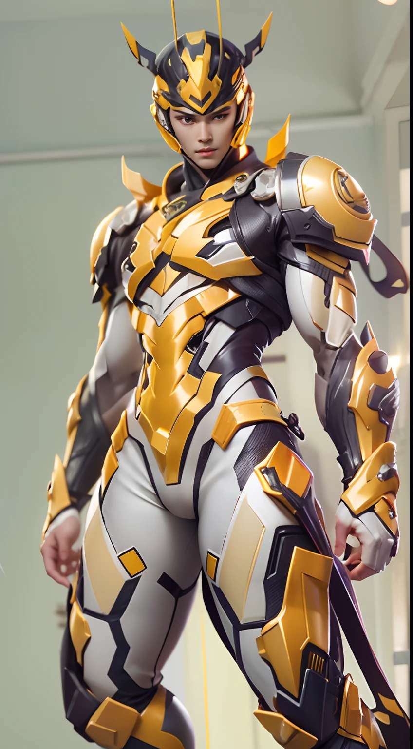Sculpture design,Figures,GK model,((The whole body of the character)),decor,Expose muscles,Raised sexy(Exquisite base),Wu Shixun,Transparent material,harf,White and yellow complement the clothes,Handsome cybernetic boy looking at camera lingerie detailed muscular reality masterpiece,musculous