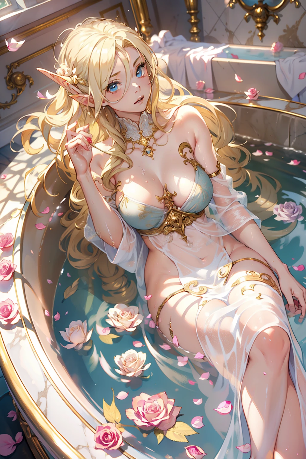 (nsfw 1.5), ((1girl)), ((masterpiece)), realistic, ((highly detailed:1.3)), beautiful elf princess bathing in a marble tub, ((very long blonde hair)), wet hair, wearing a sheer bathrobe, clothed bathing, ivorygoldai, royal palace bathroom setting, steam, ornate marble tub, (rose petals floating in water:1.3), early morning light, windows, crepuscular lighting, dynamic pose, dynamic angle,