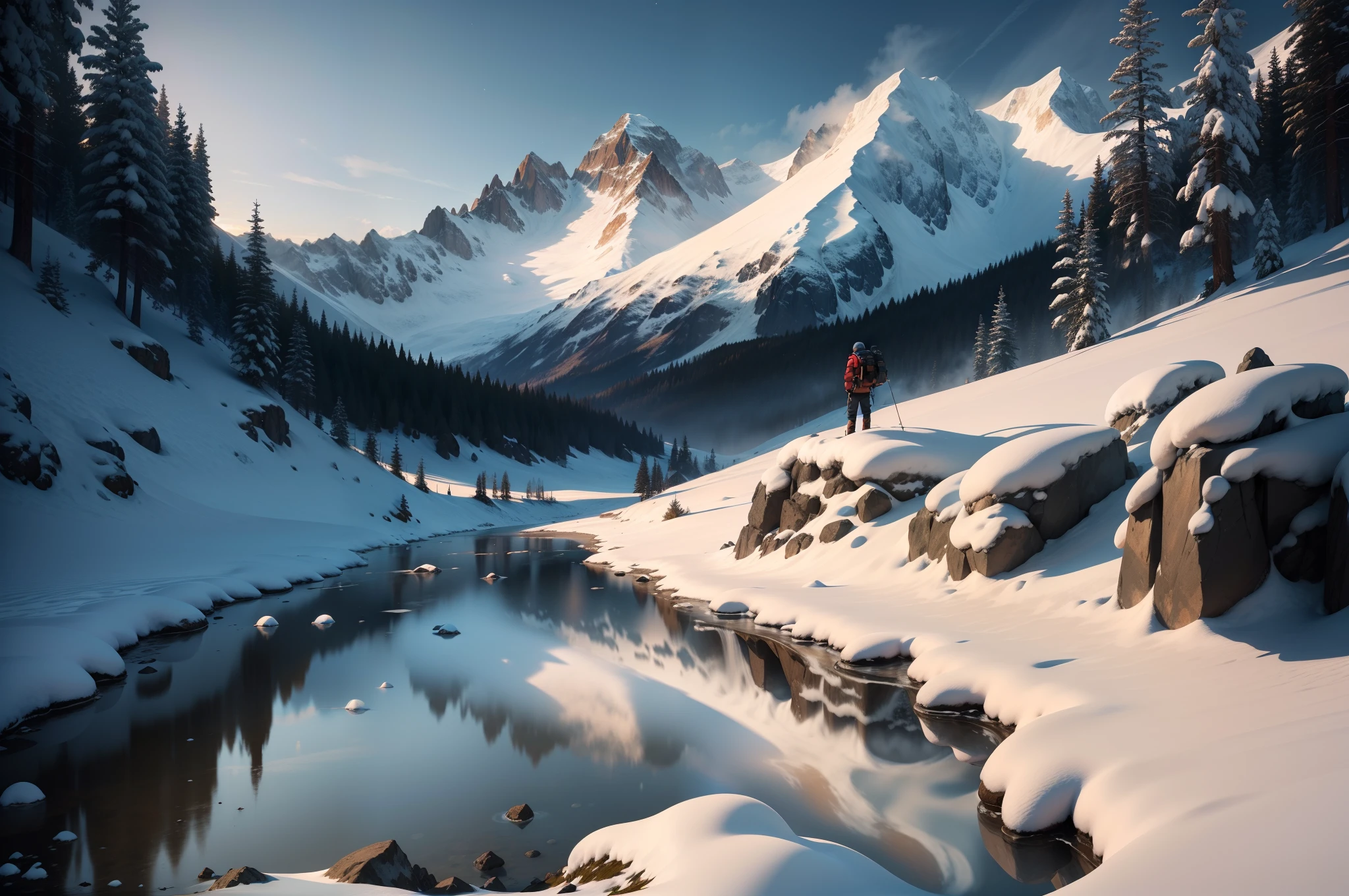 snow mountains，small stream，sunraise(On top of the mountain，Climbers holding binoculars，Look at the stream in the distance，His back looks a little small)Realistic 8K high quality