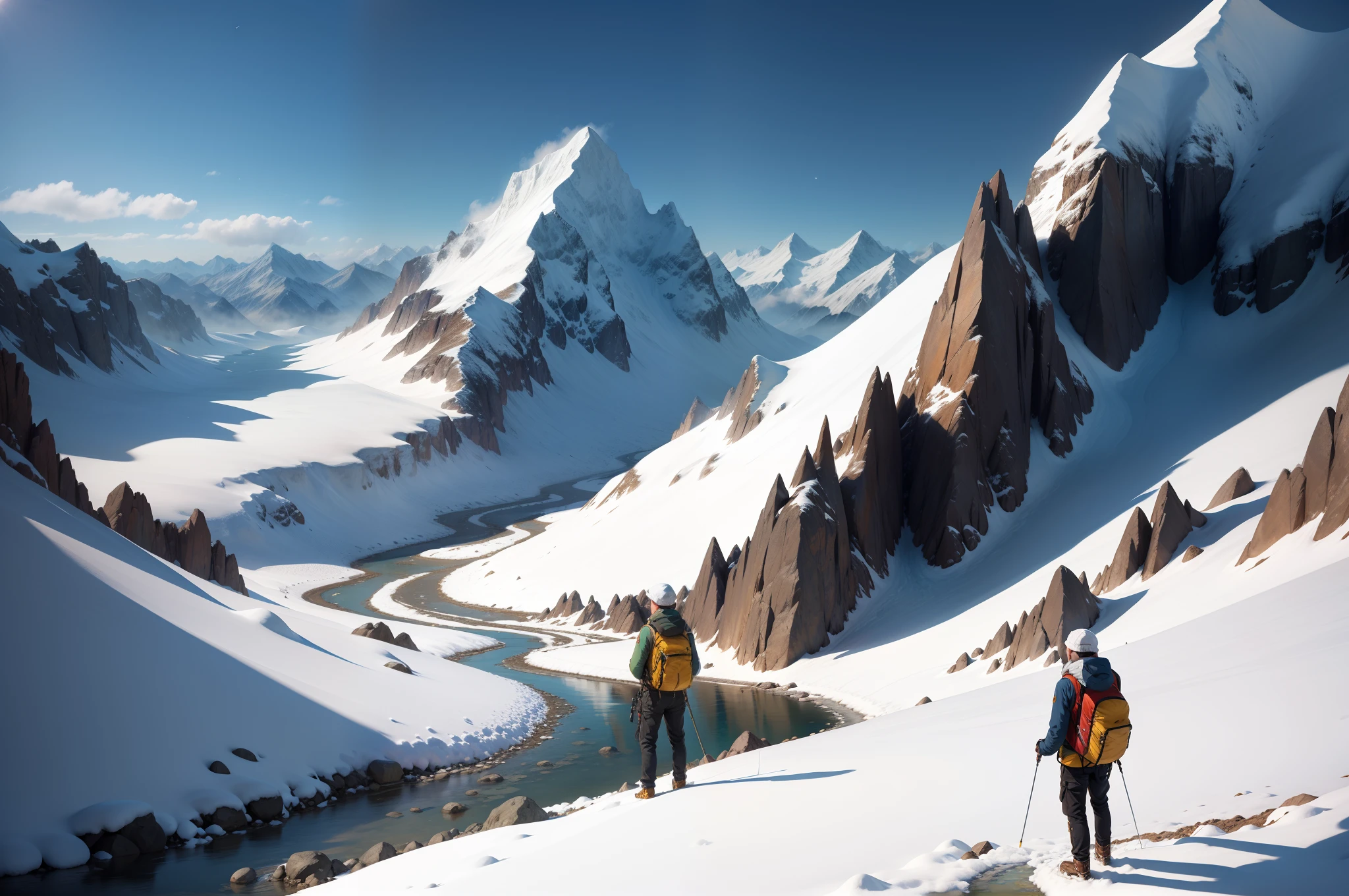 snow mountains，Big Sun，small stream（The climber stood on the mountain with a telescope and looked at the stream in the distance，His back is slightly small）realisticlying
