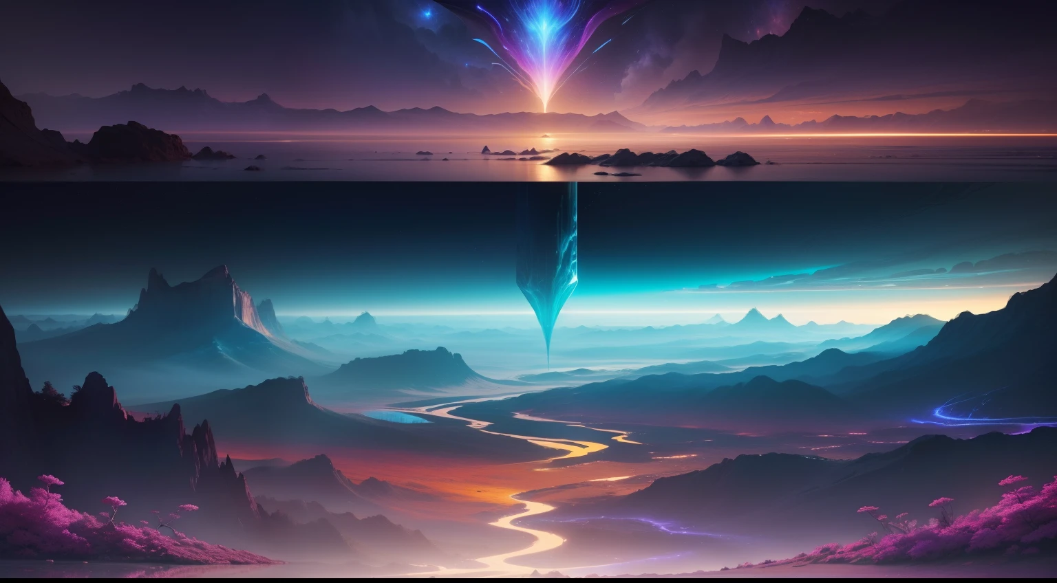 Enter a kaleidoscopic realm of ultra-realistic alien landscapes. This high-resolution desktop masterpiece perfectly captures the vibrancy and supernatural essence of an extraterrestrial world. Here are the imposing rock formations, its surfaces adorned with tones that defy earthly conventions – from iridescent blues to radiant purples, cada gradiente e textura meticulosamente representados.
Rivers of liquid crystal wind through the terrain, reflecting a variety of colors that glow with an unearthly luminescence. Flora diferente de tudo na Terra se espalha pela paisagem, with petals that seem to emit their own ethereal glow. The sky above is a spectacle of surreal tones, casting a supernatural light on the ground below.
Neste retrato ultrarrealista, You're not just looking at an image, but rather peering through a portal to an alien world. The level of detail is astounding, with every alien plant and creature created to evoke a sense of wonder and curiosity. You can almost feel the alien breeze rustle through the surreal foliage, and the distant pleas of enigmatic creatures echo in his mind.
Immerse yourself in the breathtaking beauty of this ultra-realistic alien view. As desktop background, it transports you to a dimension where the imagination knows no bounds, e o conceito de 'realidade' ganha novo significado. Download this extraordinary piece now, and venture into a realm of colors and shapes that defy everything you thought you knew about the universe