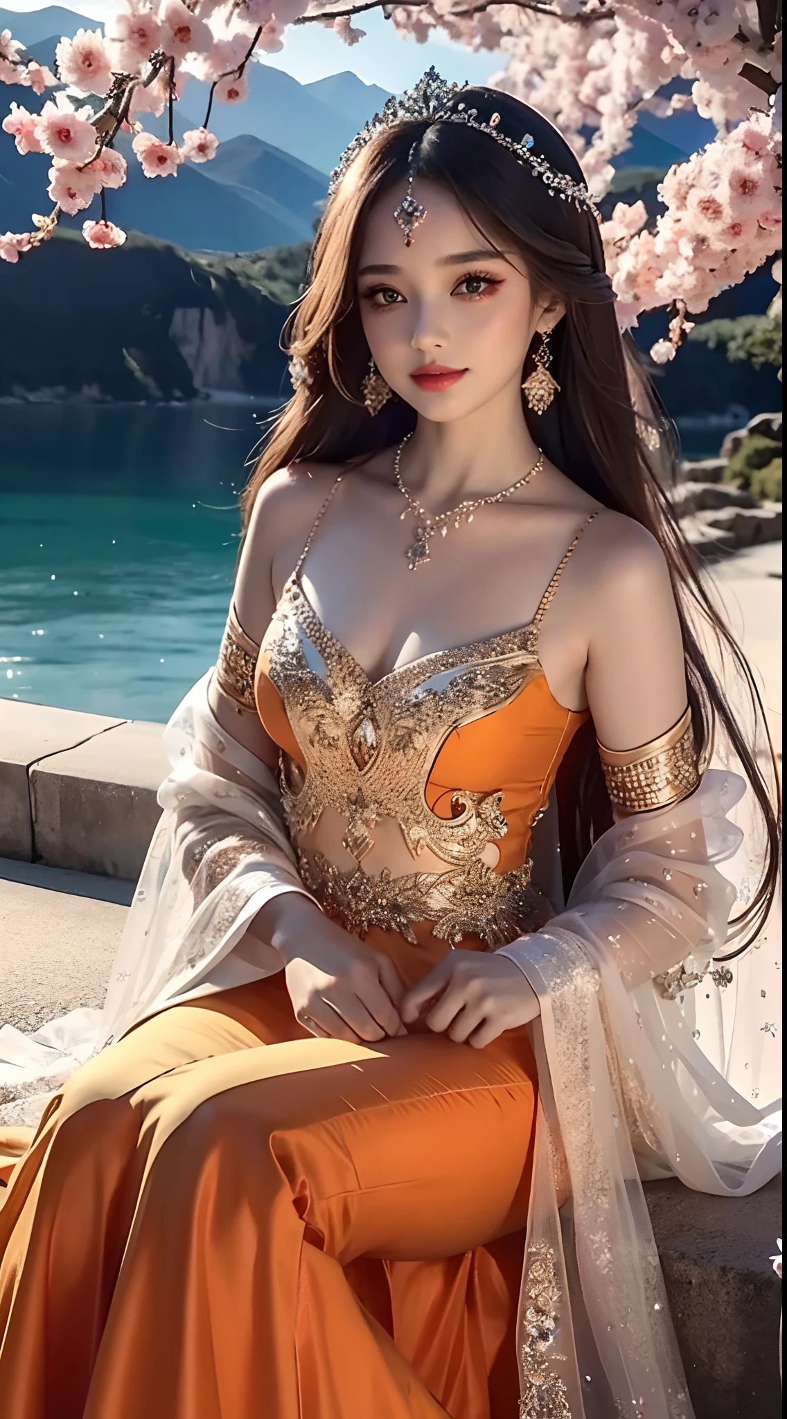 4K Ultra HD, Masterpiece, Cute little girl s, Nice face, Detailed Eyes, Liquid Lipstick, Long hair, Hair spreading, necklaces, beautiful dress, long dress, Wedding dresses, Orange color, highlights, lighting effects, glittering, realistic background, Natural background, blossom, sunlights, mountains, Full-body capture,