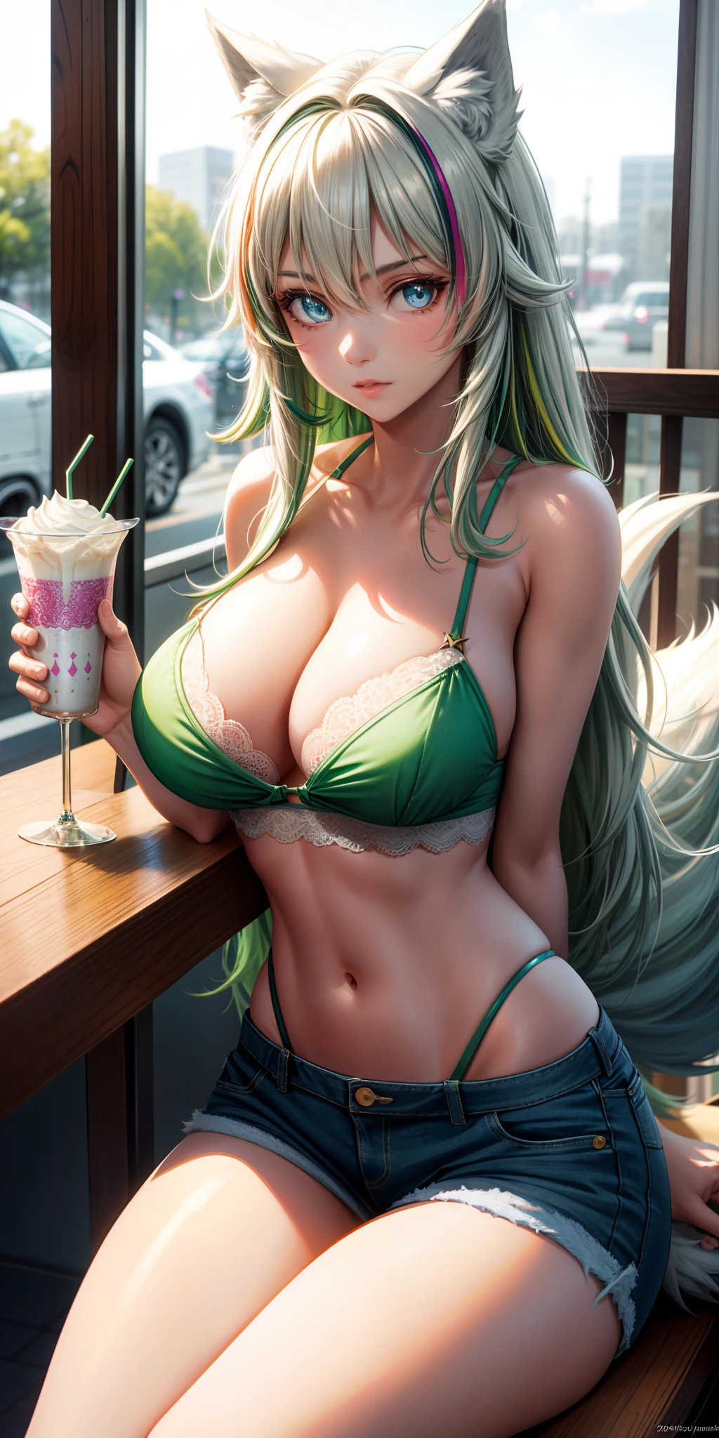 Big breasts, 1girl, ((half green hair, white streaks)) ((wolf girl)) blue eyes, has an extremely sexy body, with full breasts and a thin waist, and a sexy body, lace strap top short stylish short jeans, has a youthful appearance. young, quality, realistic, best quality, cute expression, distracted looking out the window, diner, milkshake, sideways angle, sitting at table