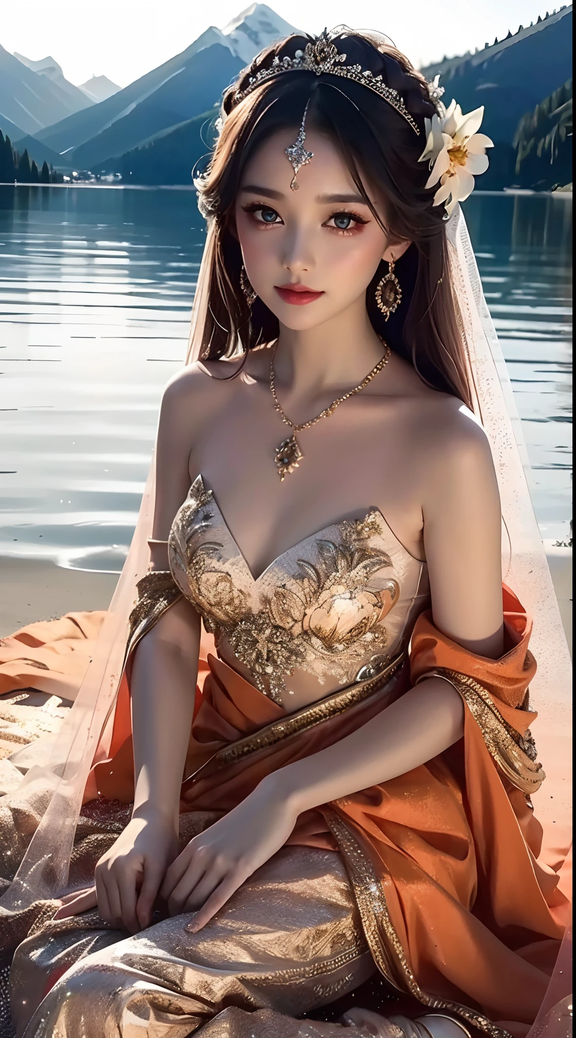 Chinese girl with coins gold , thick body, curvy body, curvy waist, big breast, white skin, gorgeous costumes embroidered with intricate embroidery, exposed breasts, flowing tulle, transparent long colorful ribbons tied on the arms, inspired by cinderella, showing navel, bare shoulders, bare neck, hair in a high bun with flower hairpins, ribbons on arm rings, wreaths, bracelets, anklets, high heels, metal chain tassels on the waist, Mogao Grottoes art, ink painting, cgstation pop, in the night beach, ((fullbody)), ((super realistic))
