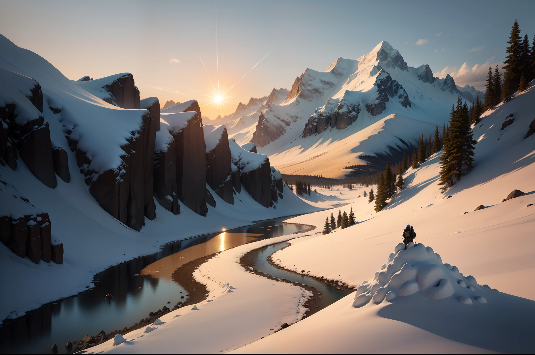 snow mountains，Big Sun，small stream，Climbers stand on top of the mountain with binoculars，Look at the stream in the distance，His back is slightly smaller，realisticlying