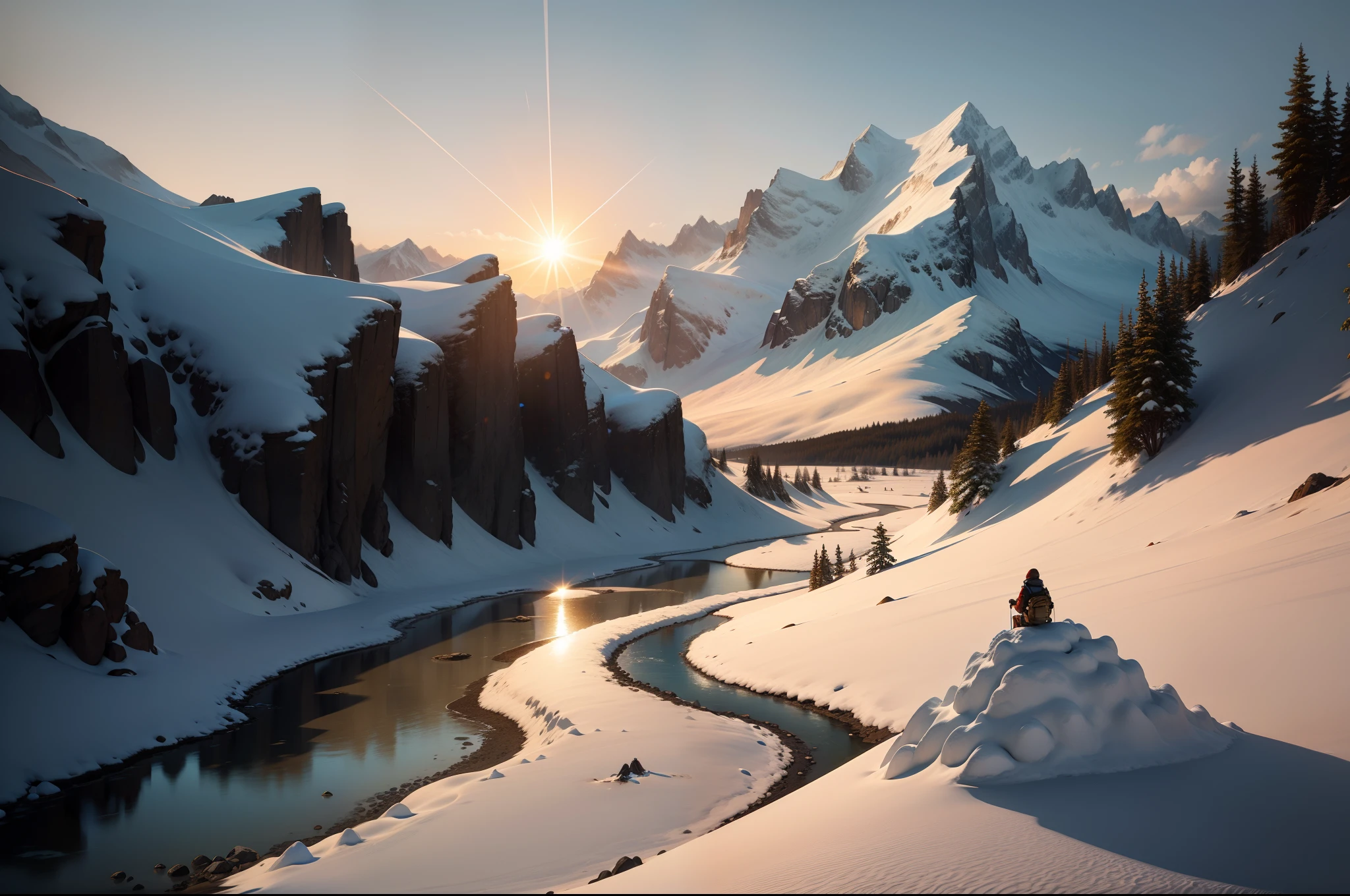 snow mountains,Big Sun,small stream,Climbers stand on top of the mountain with binoculars,Look at the stream in the distance,His back is slightly smaller,realisticlying